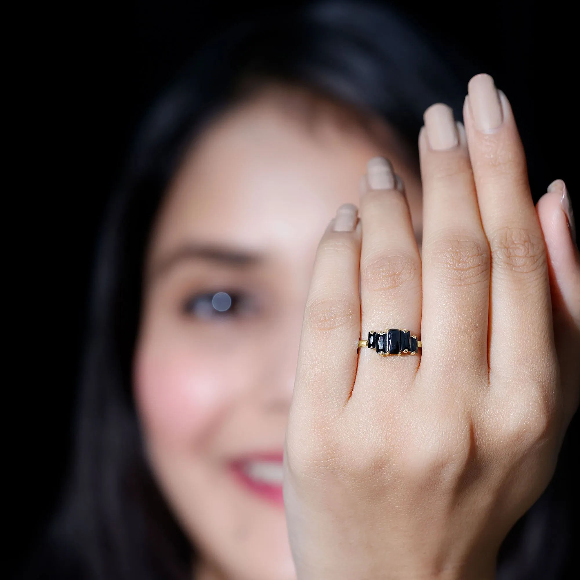 1 Carat Baguette Black Onyx Five Stone Ring in Gold