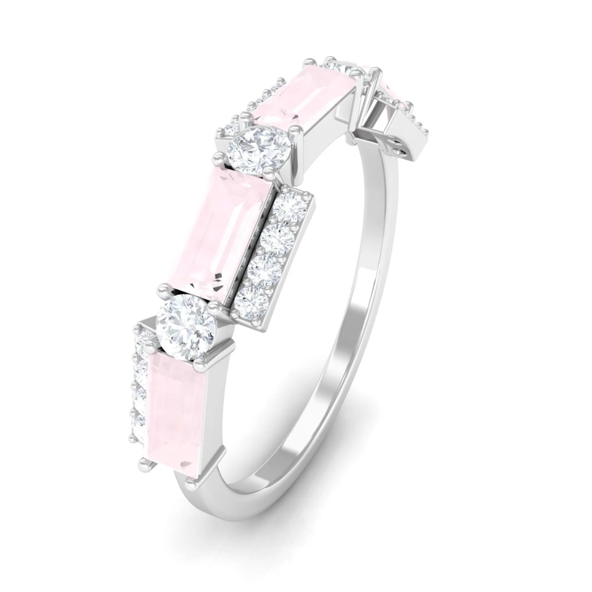 1 CT Designer Rose Quartz Half Eternity Ring with Diamond