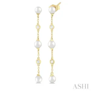 1/20 ctw Cultured Pearls 4MM and Round Cut Diamond Station Long Earring in 14K Yellow Gold