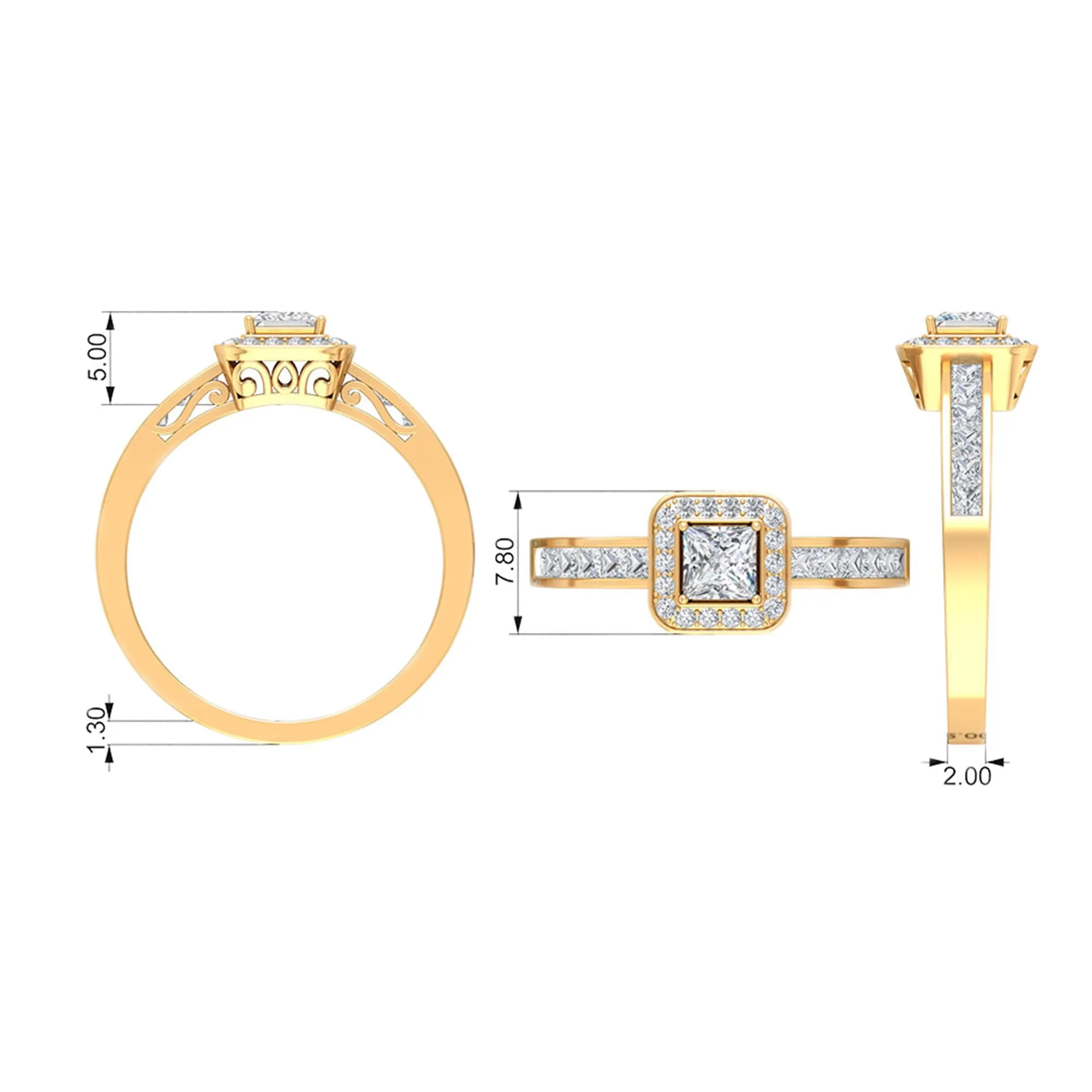 1.25 Ct Halo Solitaire Ring with Princess Cut Diamond Side Stone