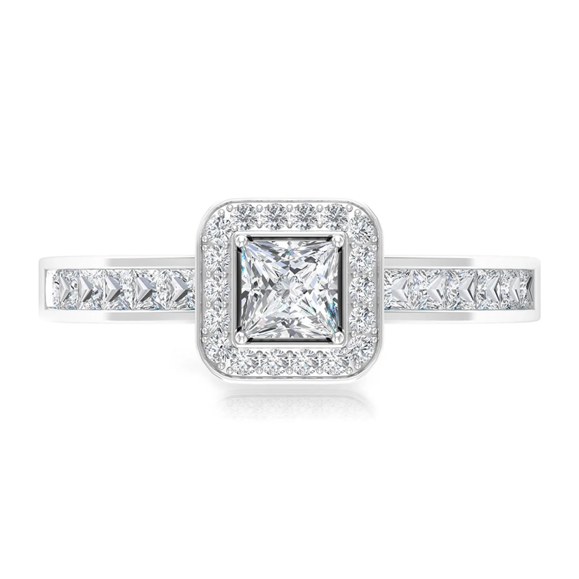 1.25 Ct Halo Solitaire Ring with Princess Cut Diamond Side Stone