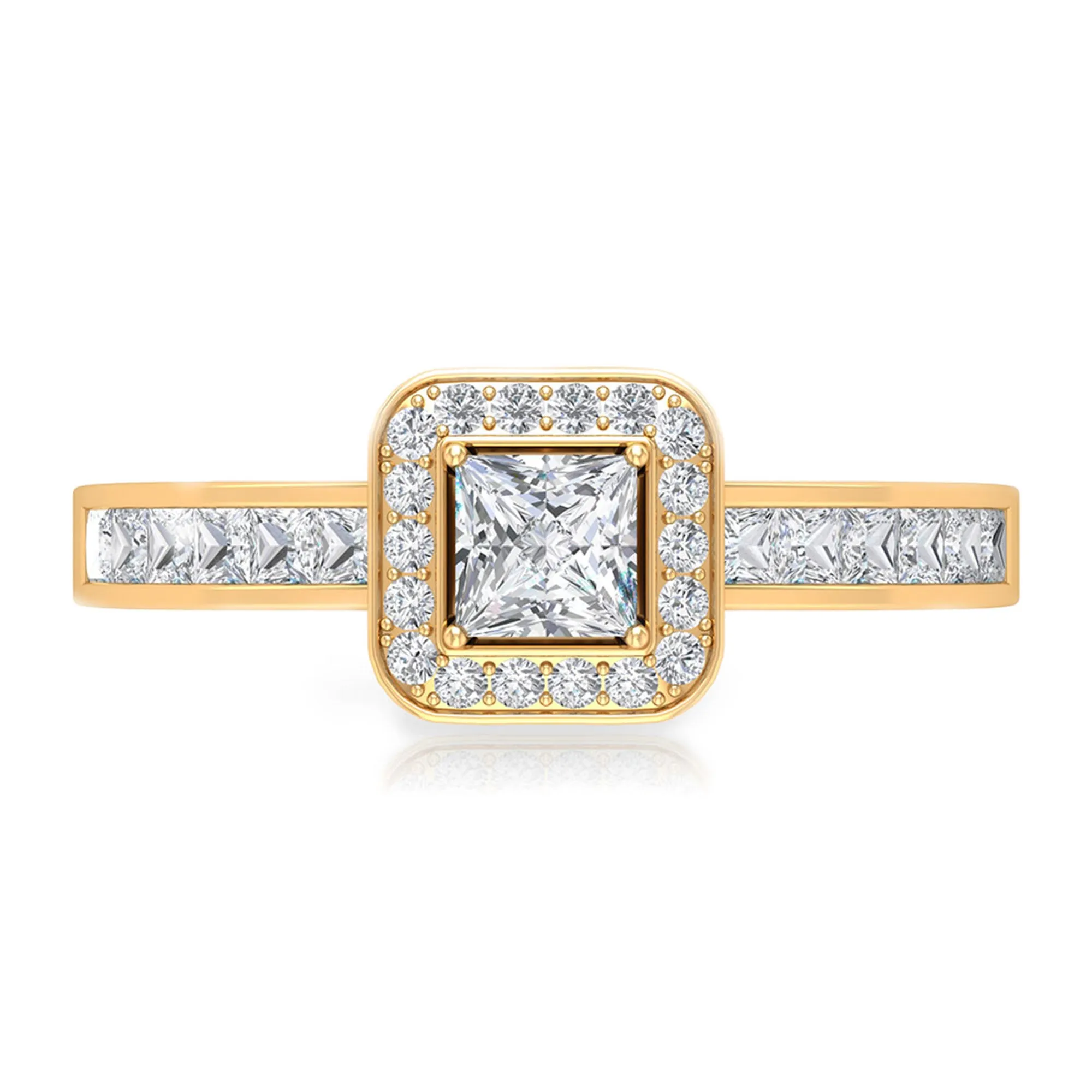 1.25 Ct Halo Solitaire Ring with Princess Cut Diamond Side Stone