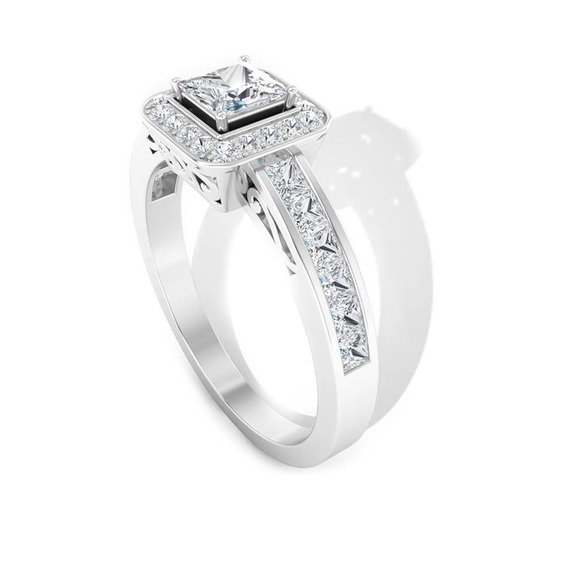 1.25 Ct Halo Solitaire Ring with Princess Cut Diamond Side Stone