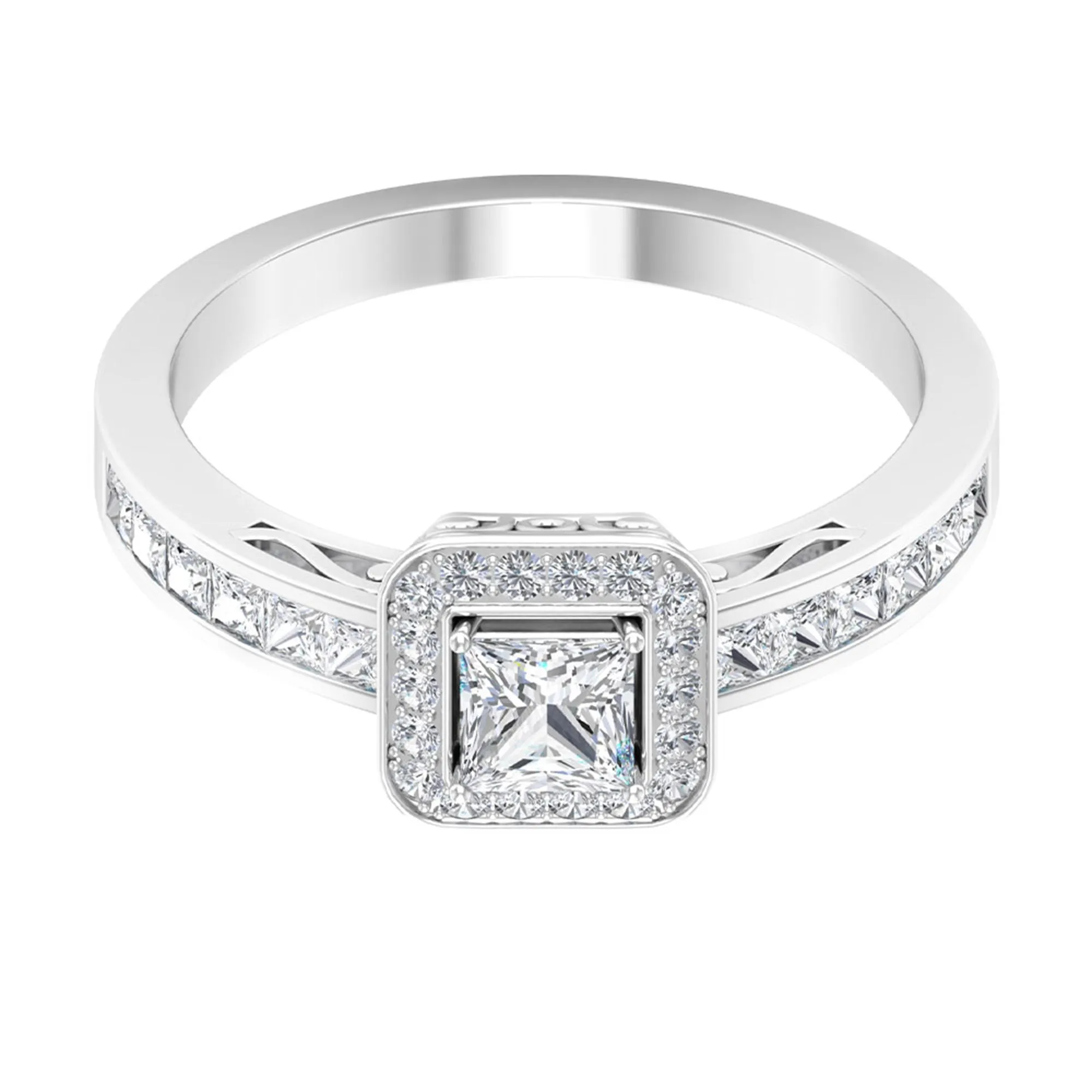 1.25 Ct Halo Solitaire Ring with Princess Cut Diamond Side Stone