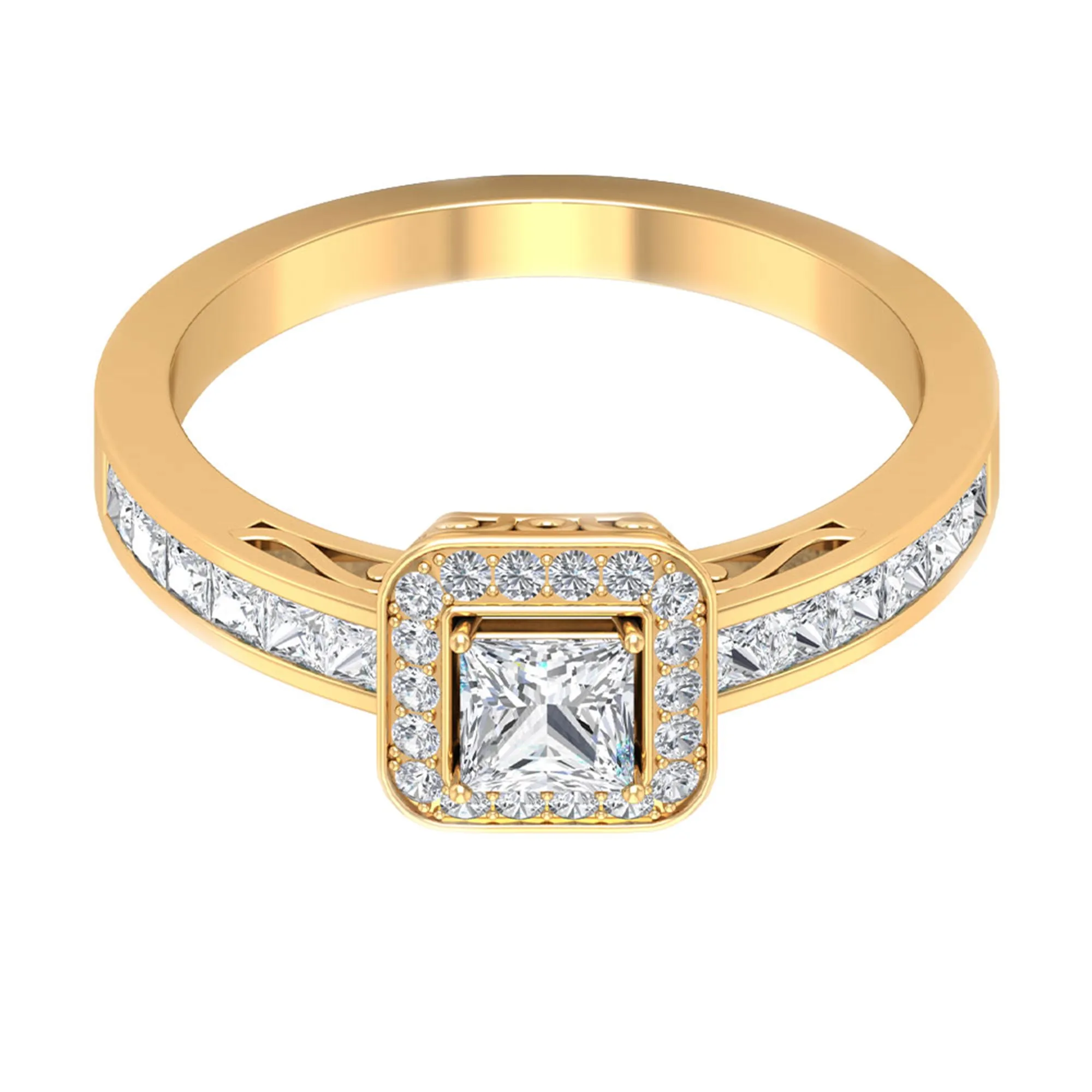 1.25 Ct Halo Solitaire Ring with Princess Cut Diamond Side Stone