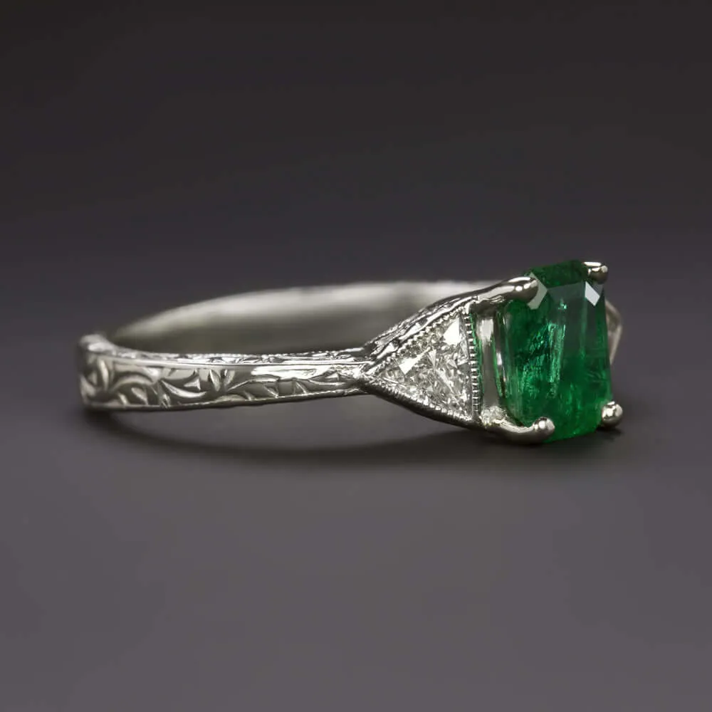 1.40ct EMERALD DIAMOND RING VINTAGE STYLE TRILLION CUT NATURAL 14k WHITE GOLD