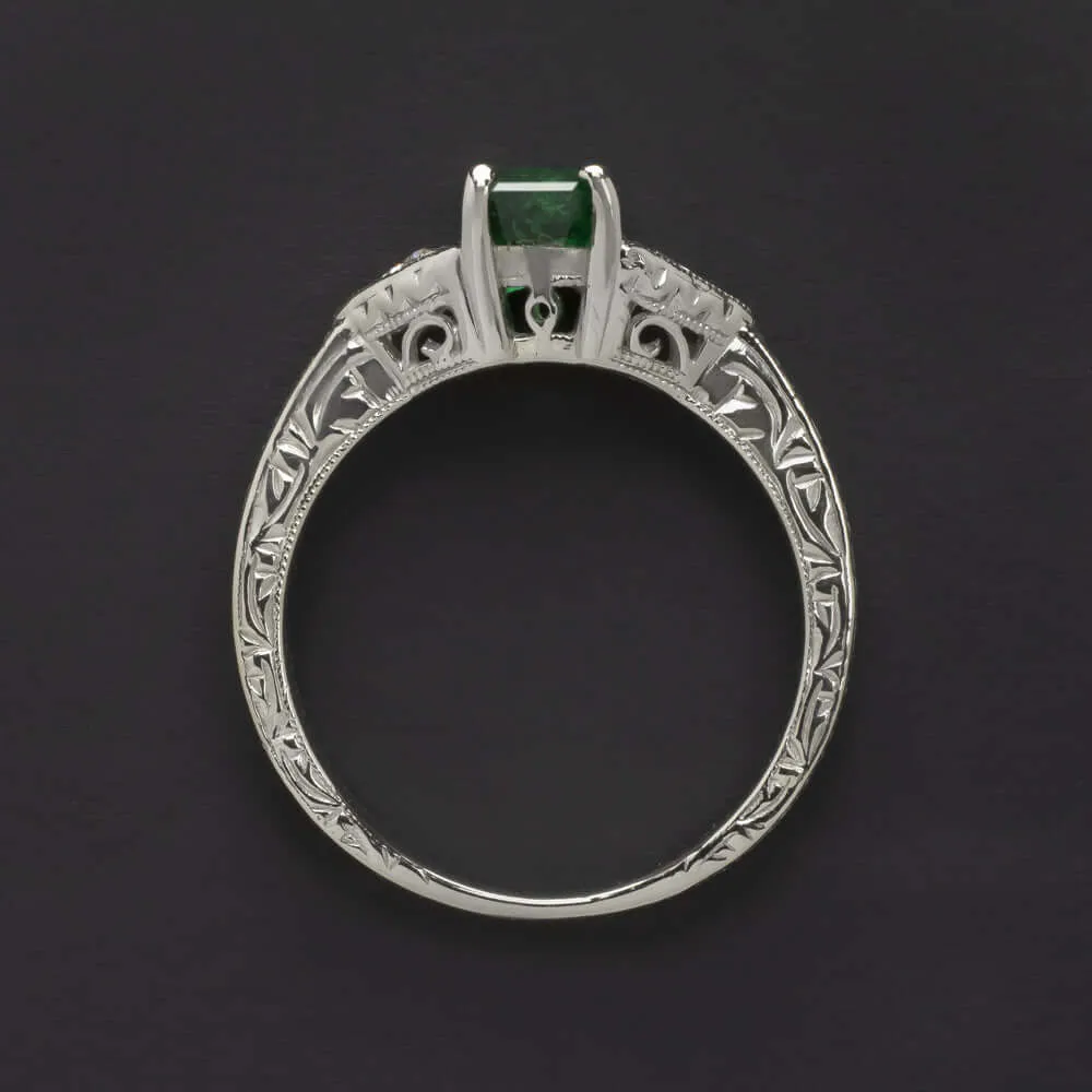 1.40ct EMERALD DIAMOND RING VINTAGE STYLE TRILLION CUT NATURAL 14k WHITE GOLD