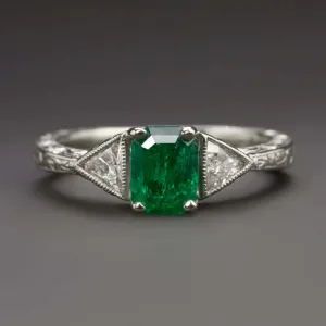 1.40ct EMERALD DIAMOND RING VINTAGE STYLE TRILLION CUT NATURAL 14k WHITE GOLD