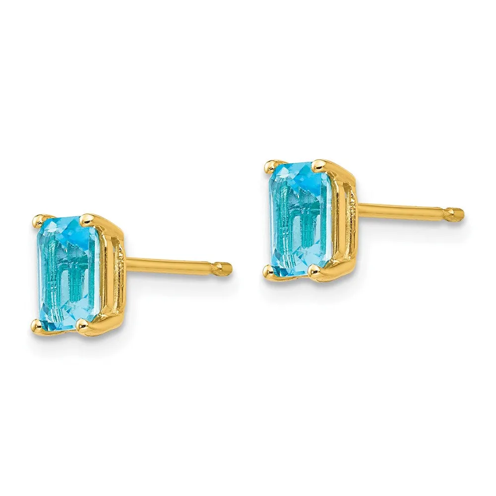 14k 6x4mm Emerald Cut Blue Topaz Earrings