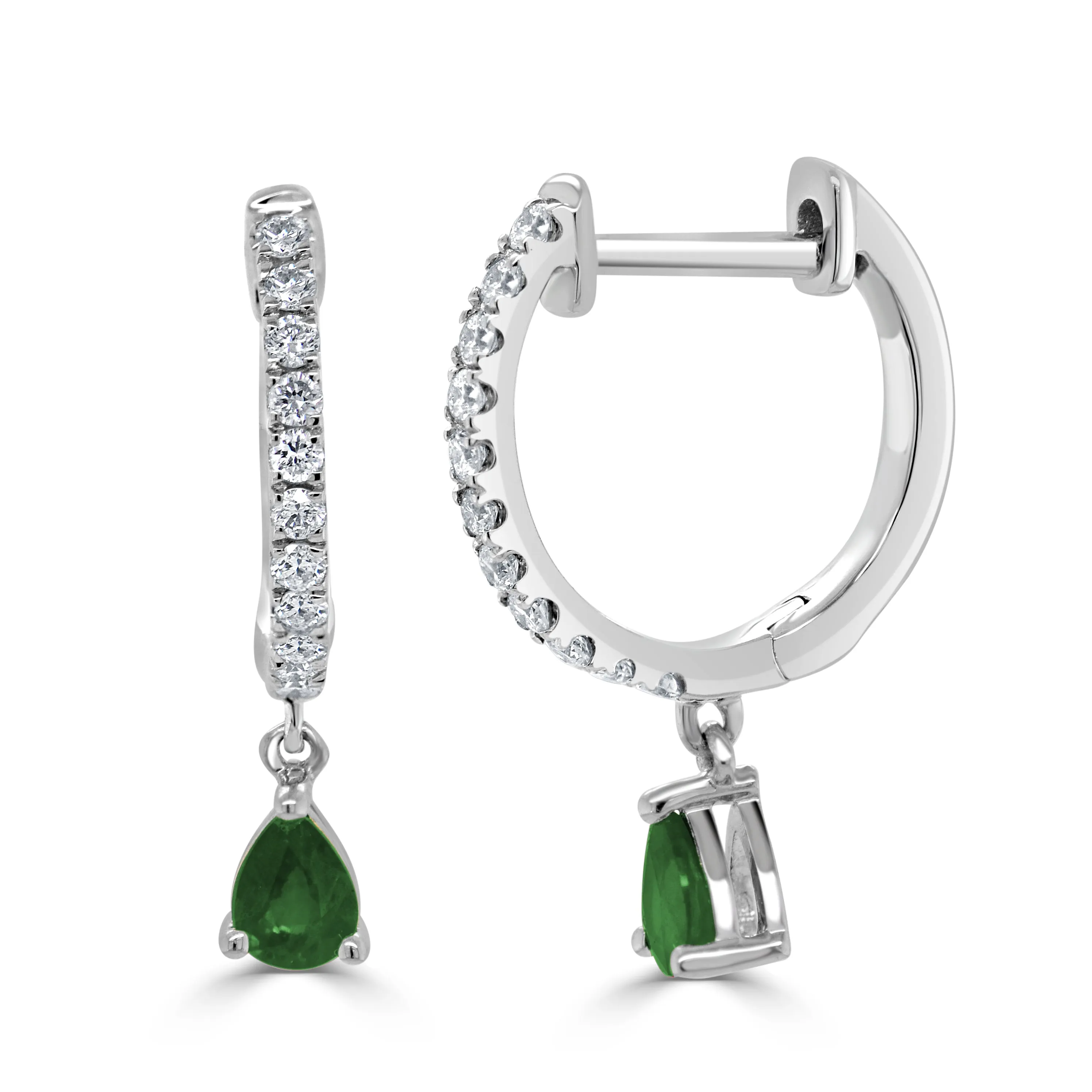 14K Gold Emerald & Diamond Dangle Huggie Earrings