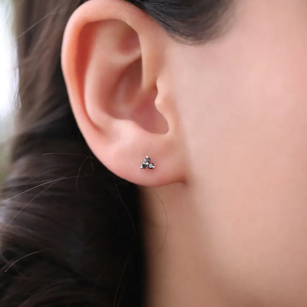 14K Gold Tiny Black Diamond Trio Stud Earrings