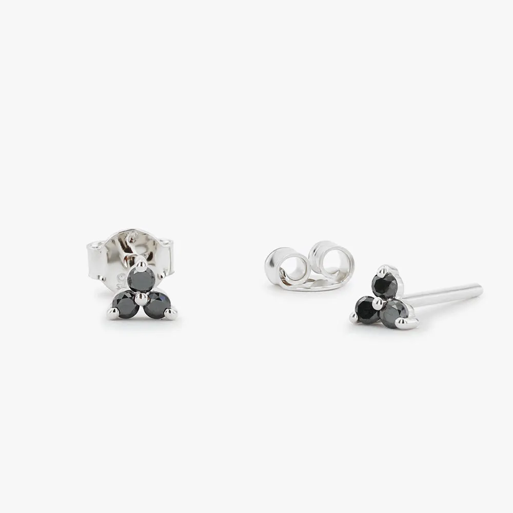 14K Gold Tiny Black Diamond Trio Stud Earrings