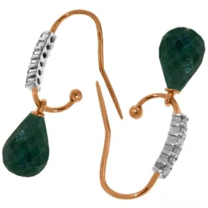 14K Solid Rose Gold Fish Hook Diamond & Emerald Earrings Certified