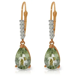 14K Solid Rose Gold Leverback Earrings Diamond & Green Amethyst Gemstone