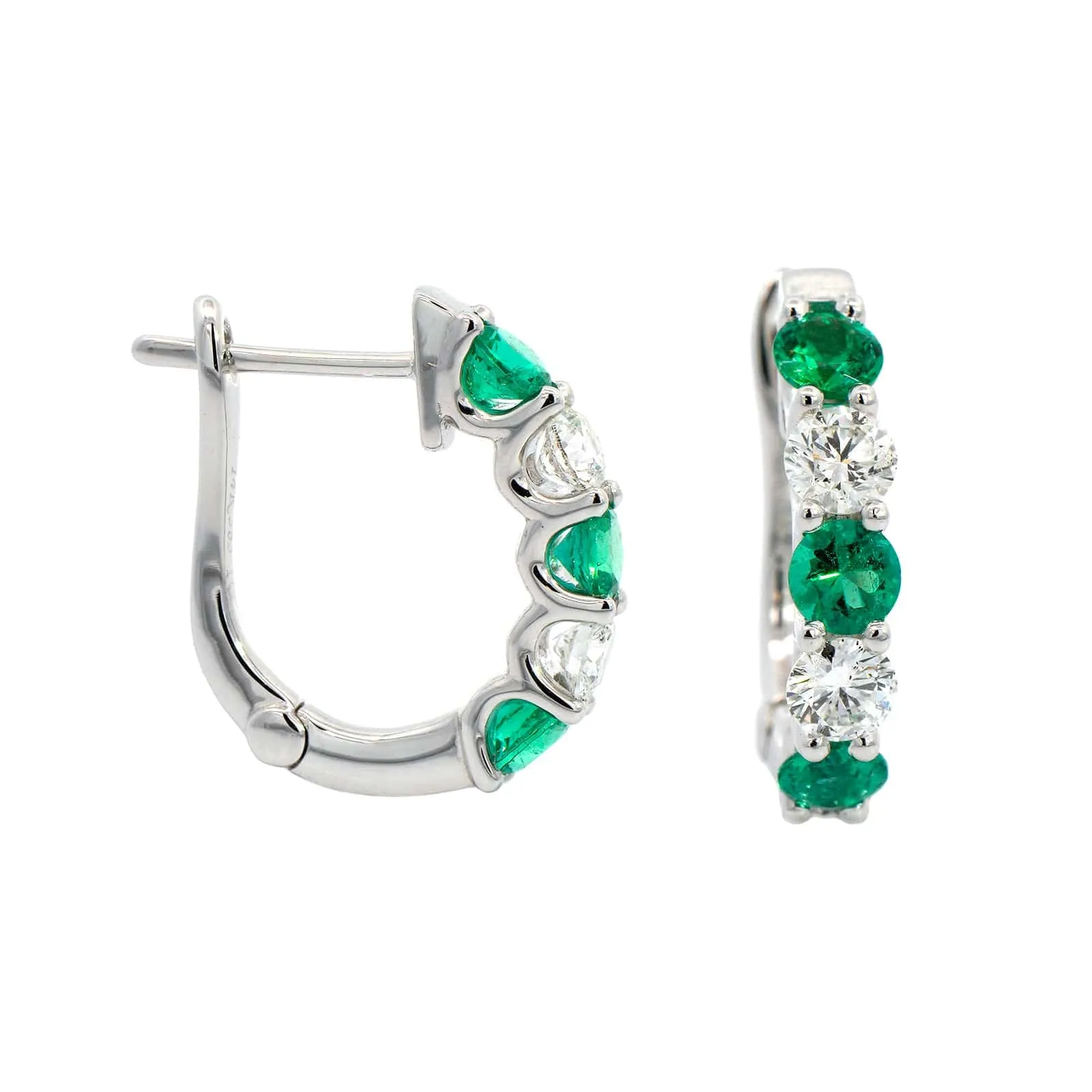 14K White Gold Alternating Diamond & Emerald Huggie Earrings