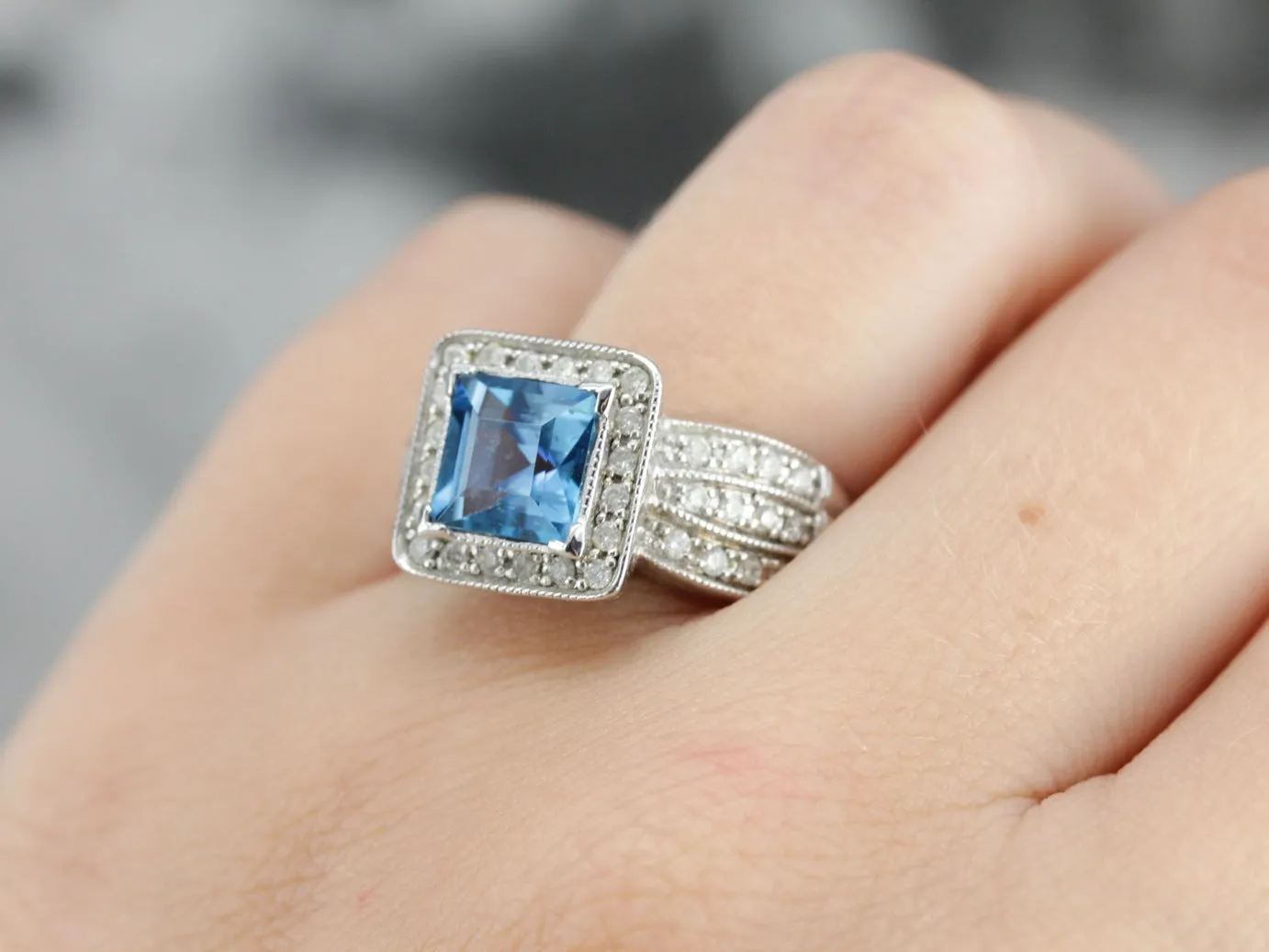 14K White Gold Pave Diamond and Blue Topaz Cocktail Ring