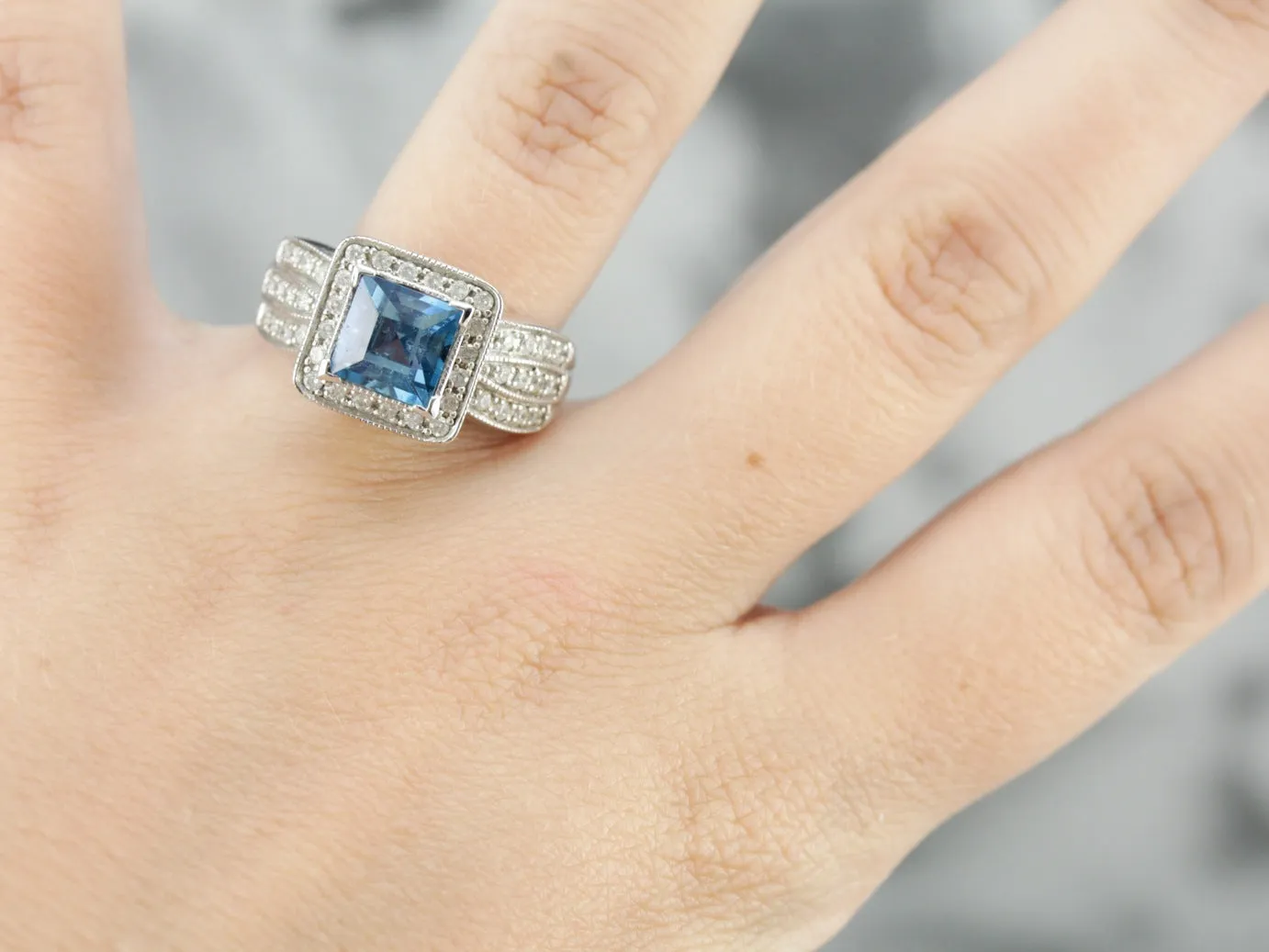 14K White Gold Pave Diamond and Blue Topaz Cocktail Ring