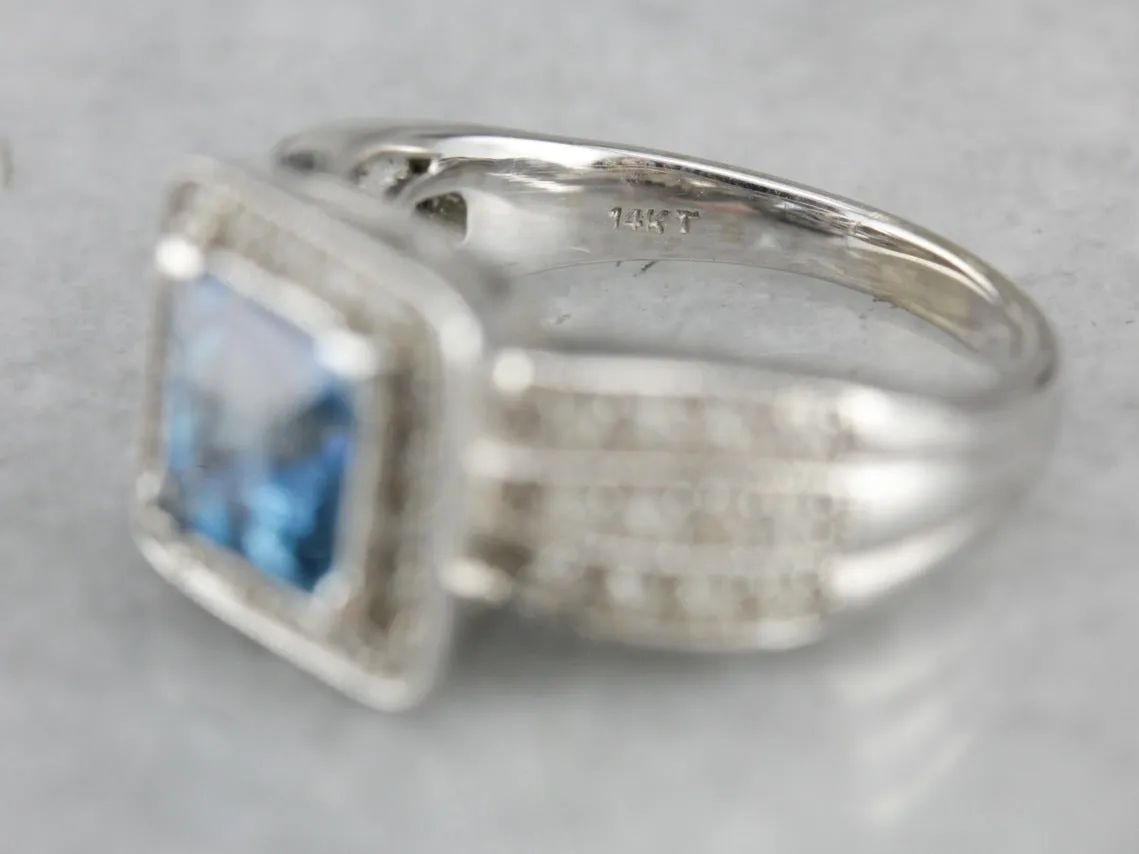 14K White Gold Pave Diamond and Blue Topaz Cocktail Ring