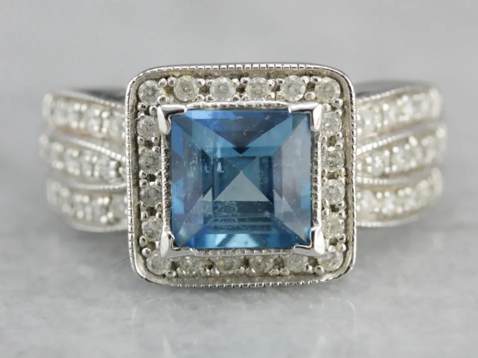 14K White Gold Pave Diamond and Blue Topaz Cocktail Ring