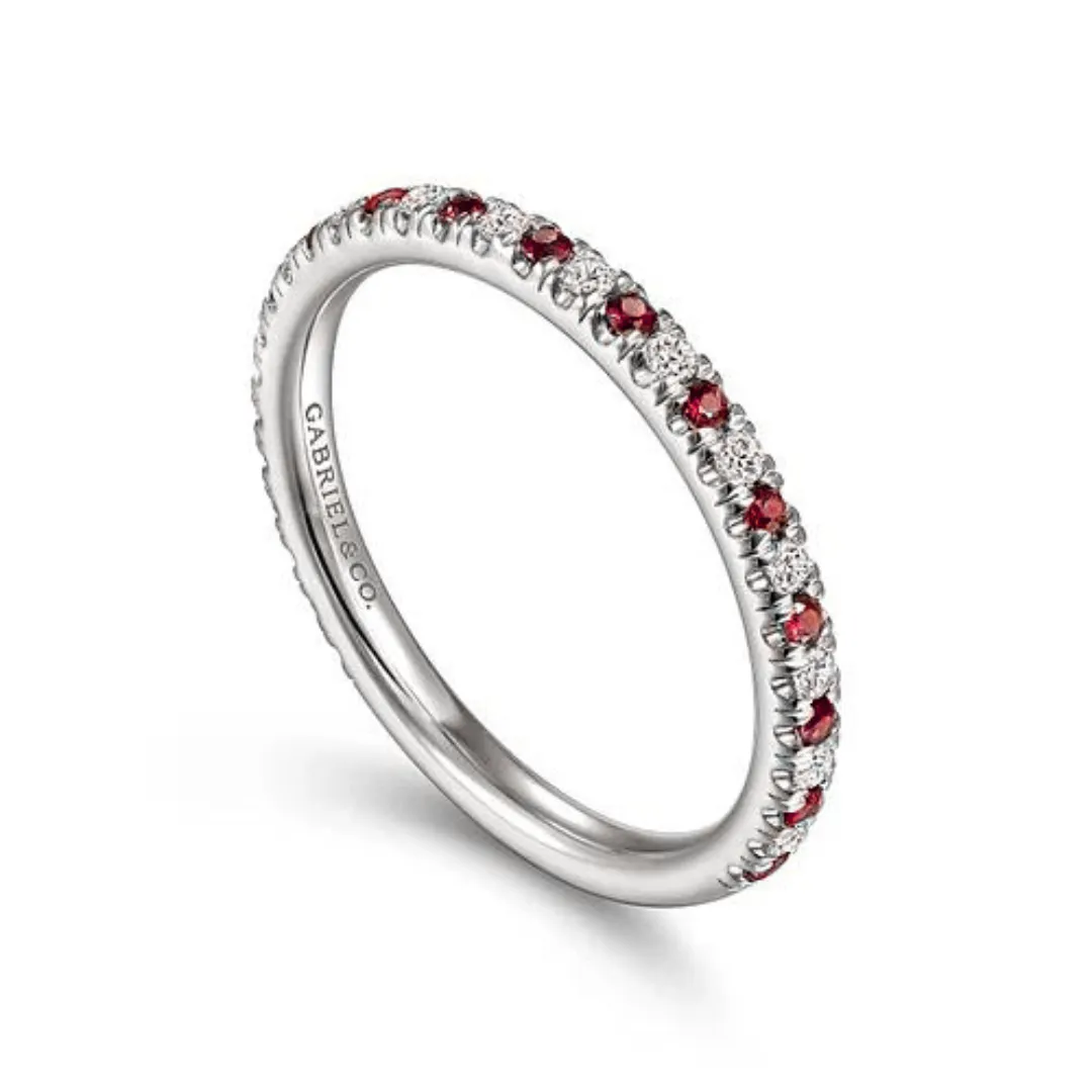 14K White Gold Thin Stackable Ruby and Diamond Ring