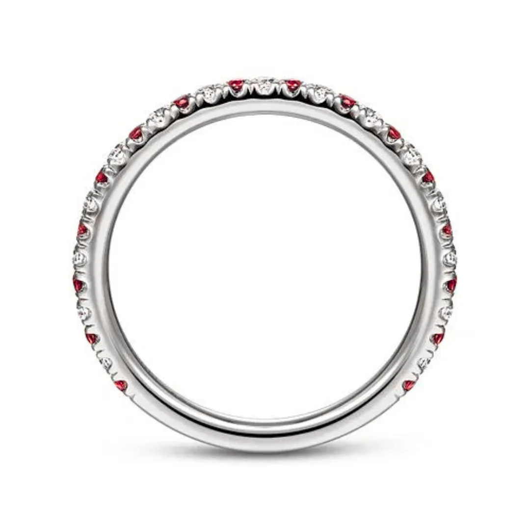 14K White Gold Thin Stackable Ruby and Diamond Ring