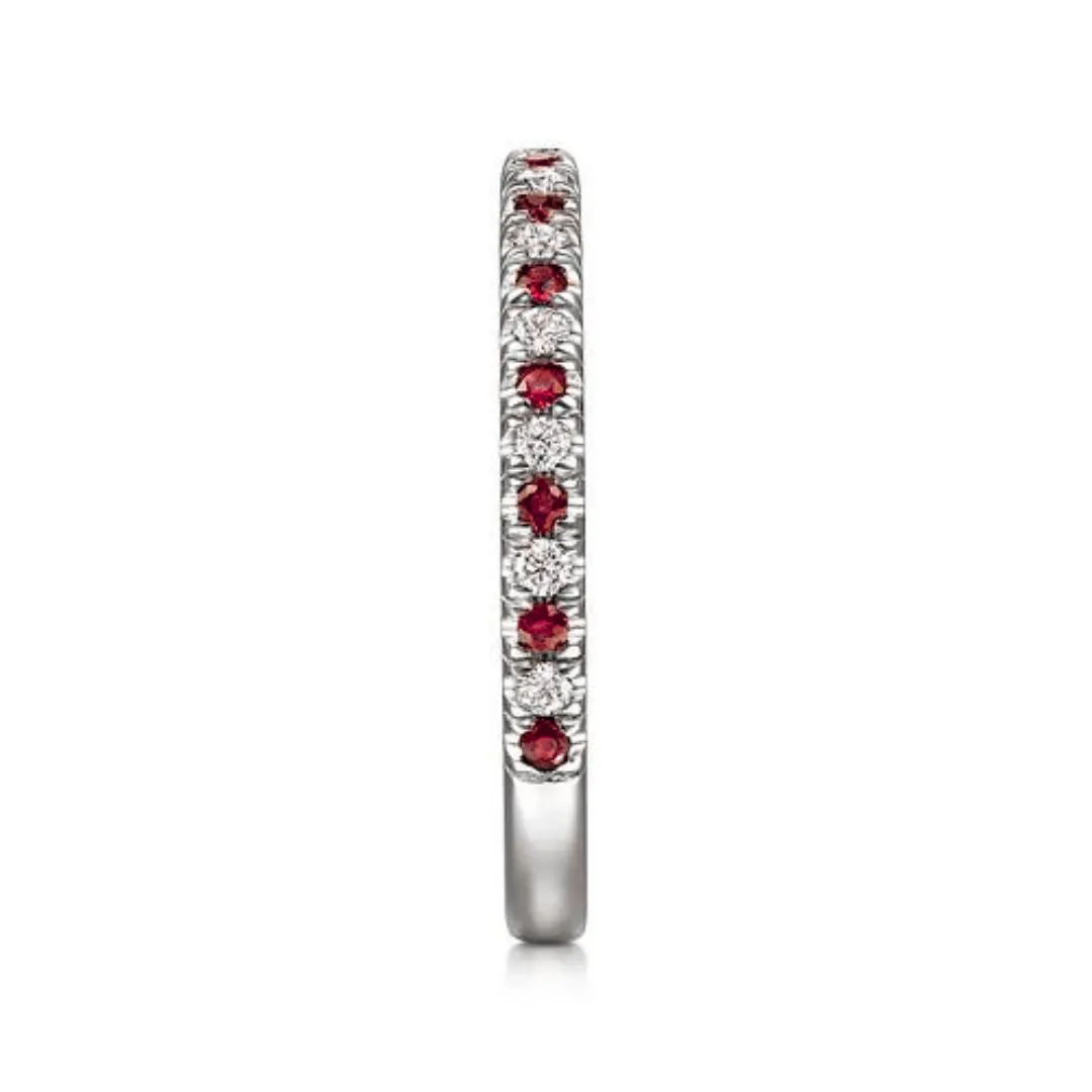 14K White Gold Thin Stackable Ruby and Diamond Ring