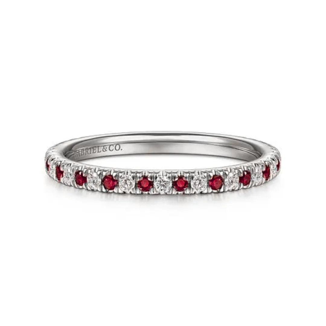 14K White Gold Thin Stackable Ruby and Diamond Ring