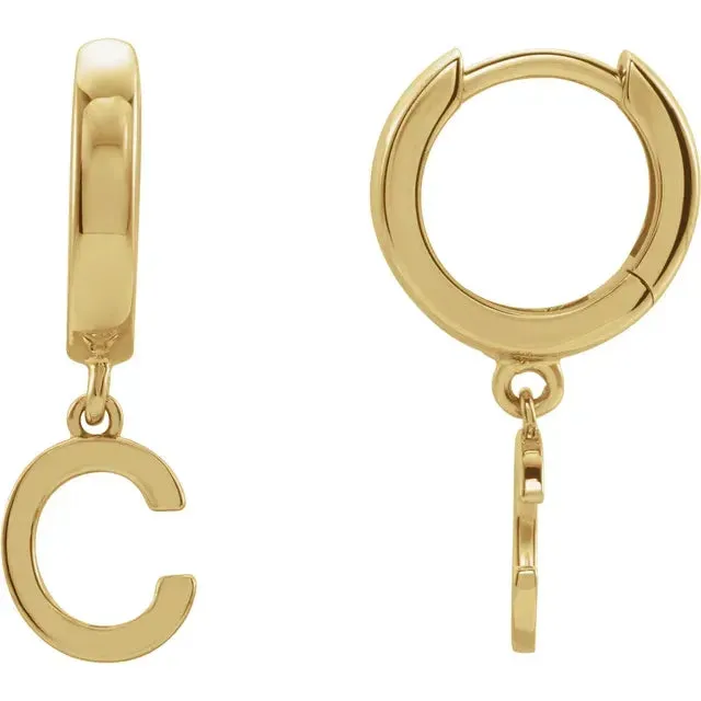 14K Yellow Gold Initial C Hinged Huggie Earring