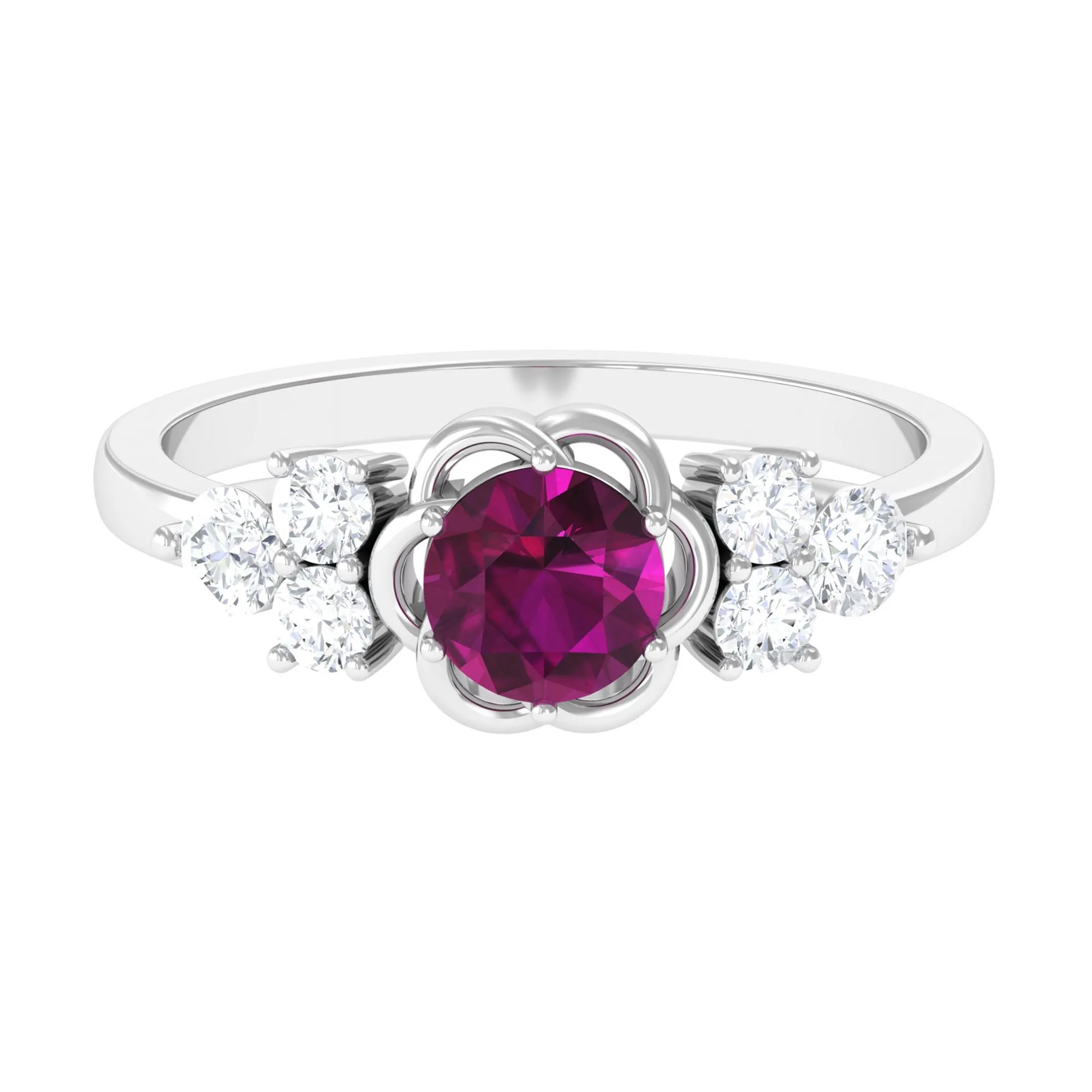 1.50 CT Natural Rhodolite Flower Ring with Diamond Trio