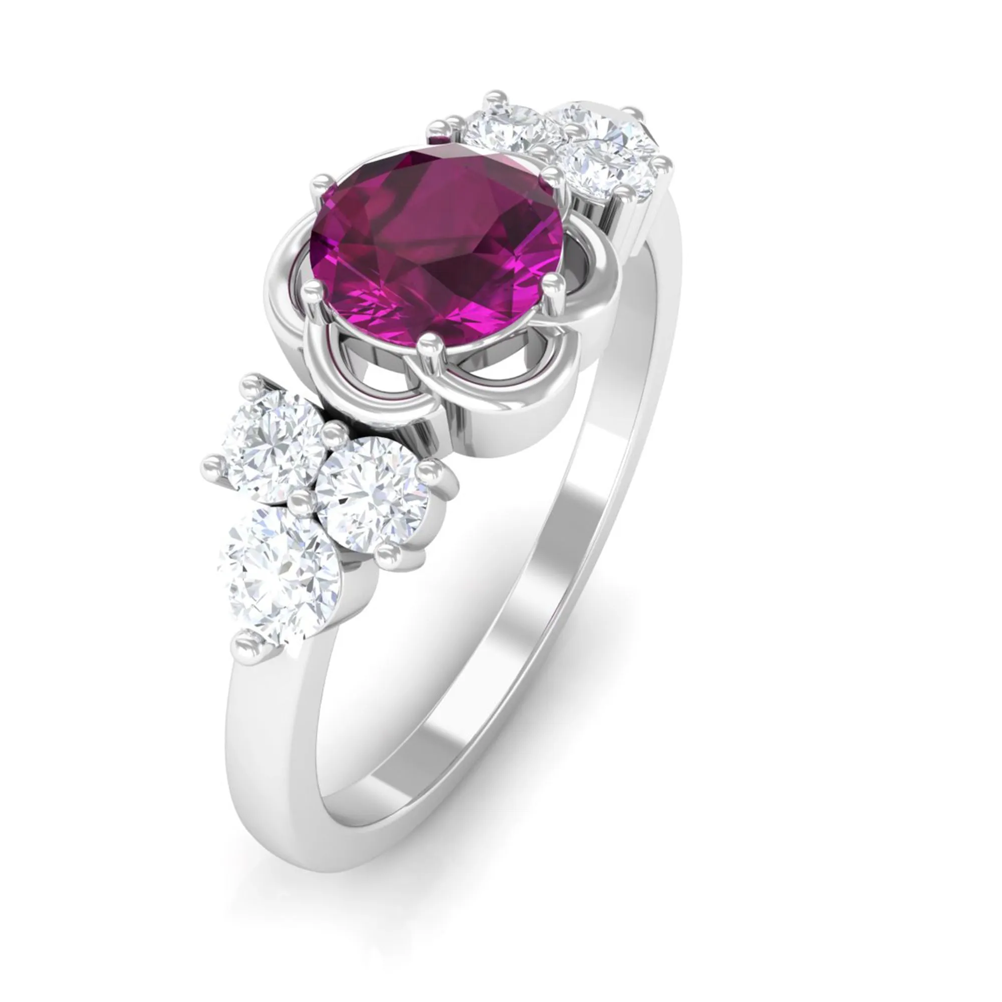 1.50 CT Natural Rhodolite Flower Ring with Diamond Trio