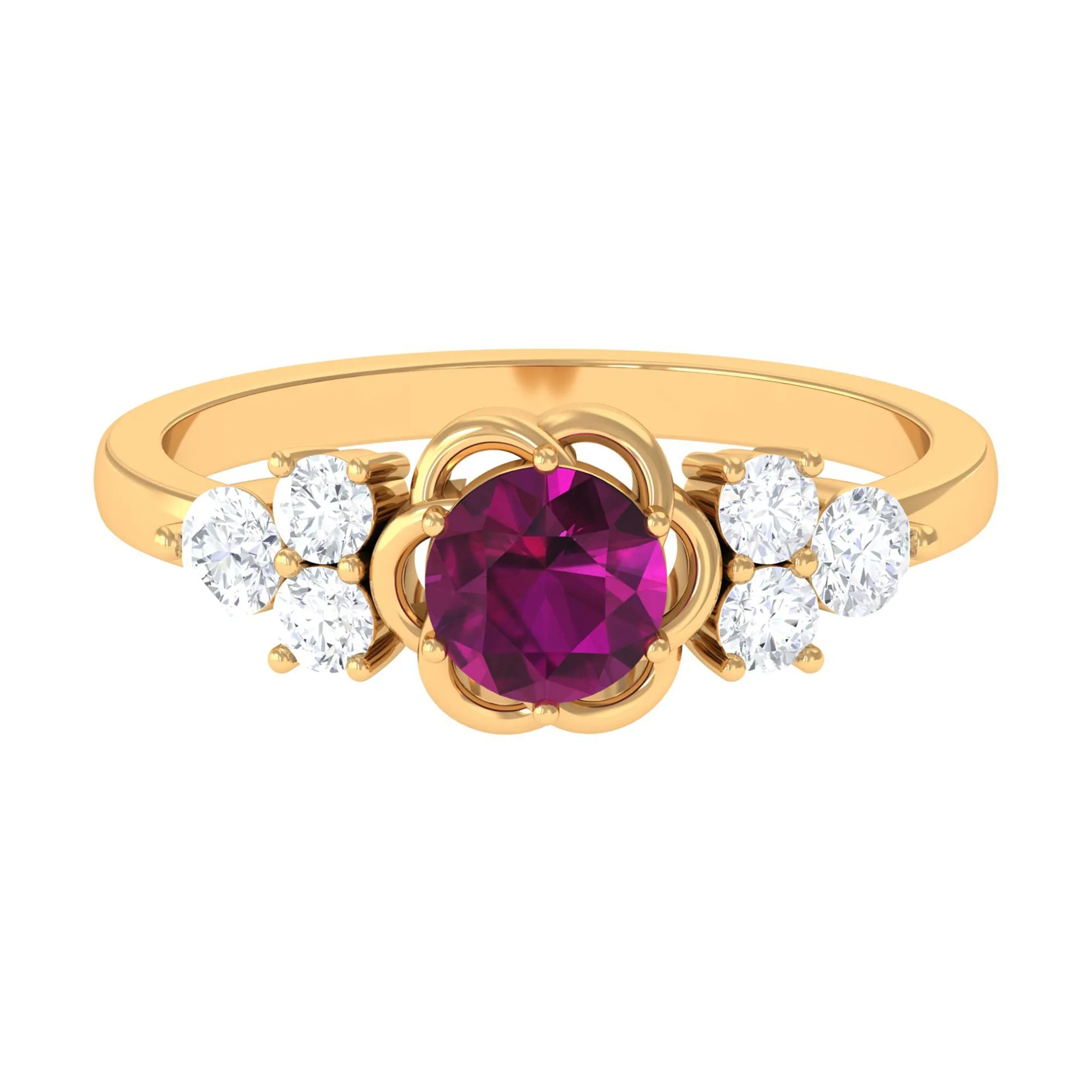 1.50 CT Natural Rhodolite Flower Ring with Diamond Trio