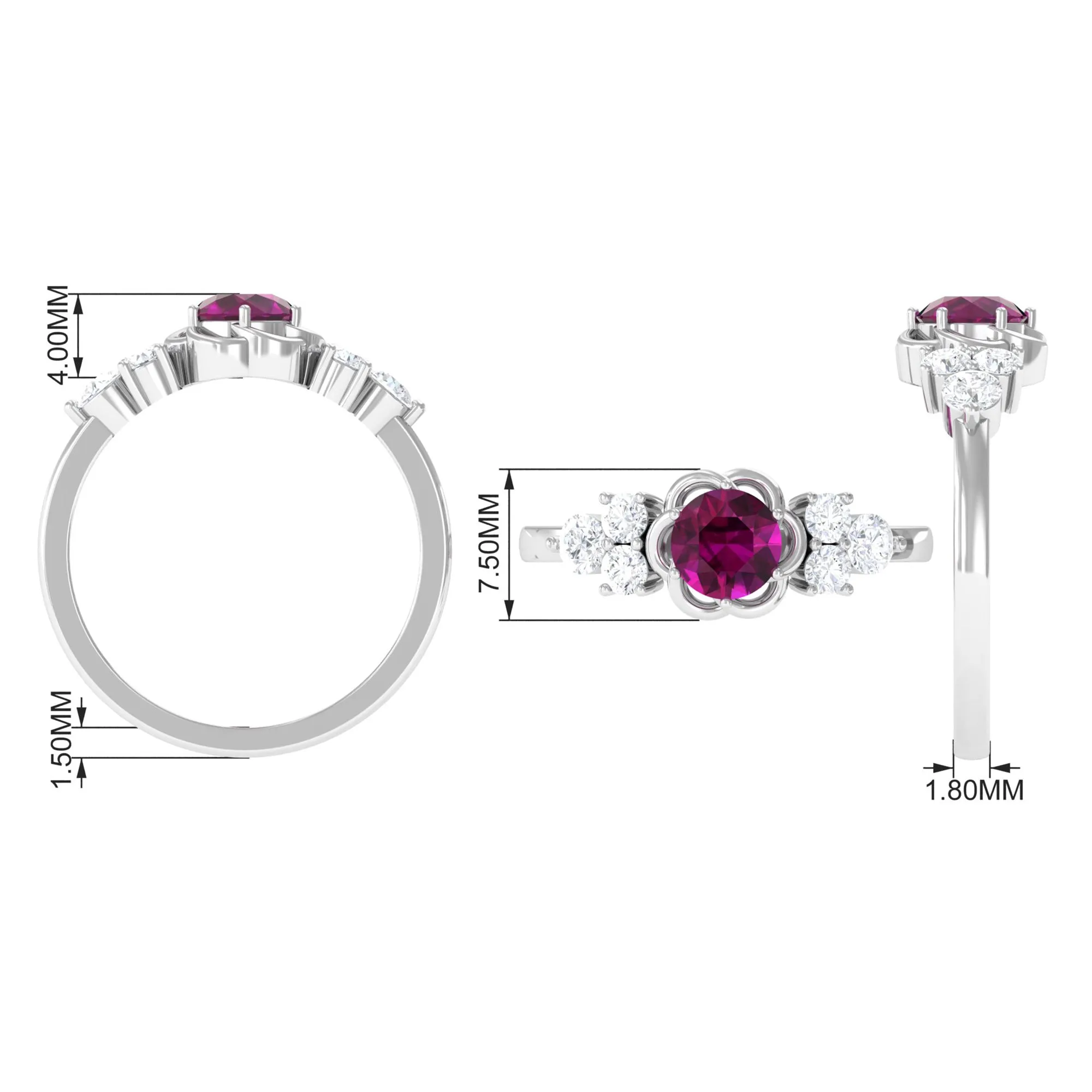 1.50 CT Natural Rhodolite Flower Ring with Diamond Trio