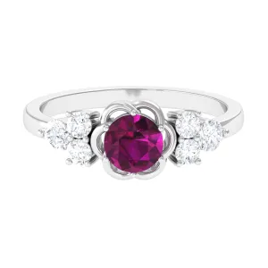 1.50 CT Natural Rhodolite Flower Ring with Diamond Trio