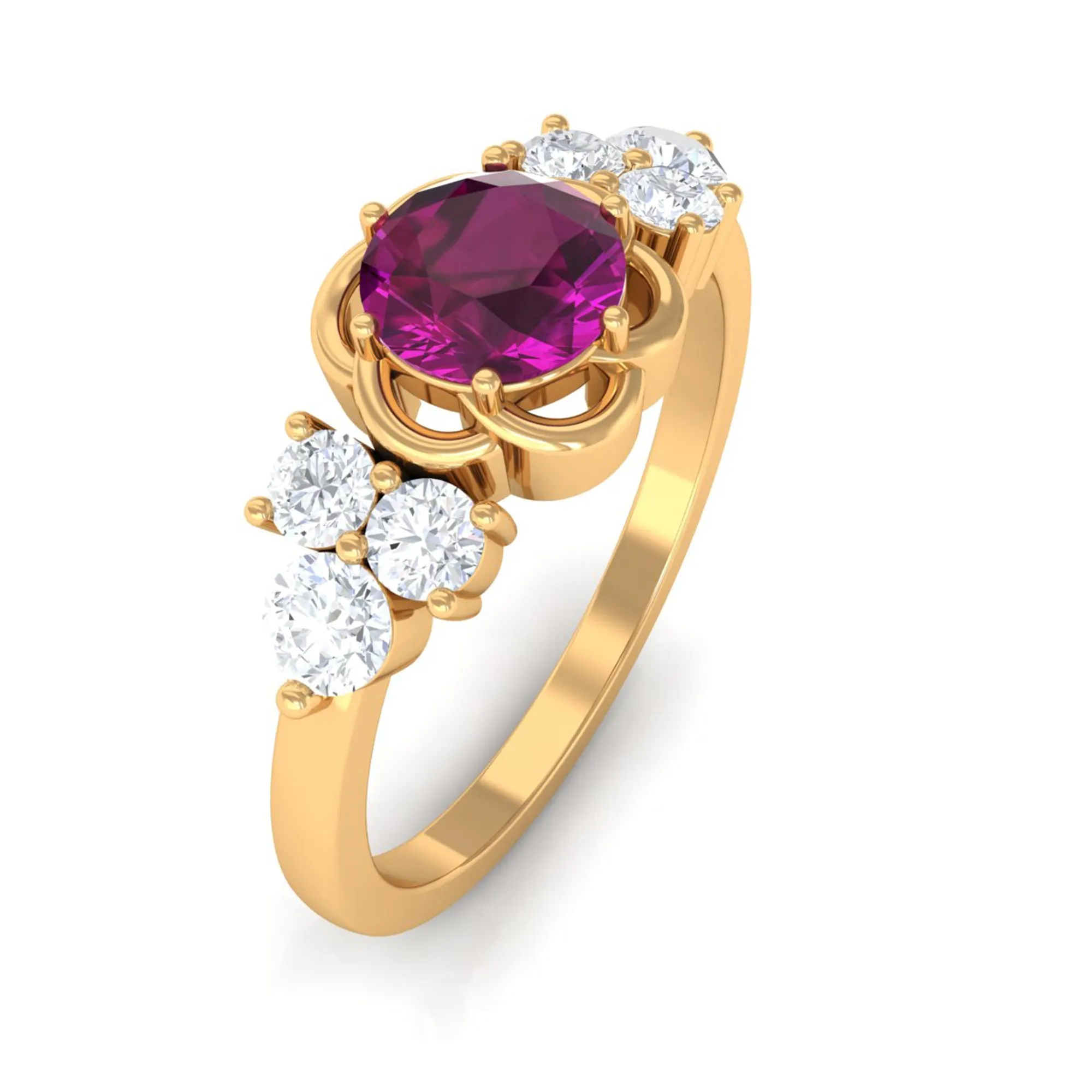 1.50 CT Natural Rhodolite Flower Ring with Diamond Trio