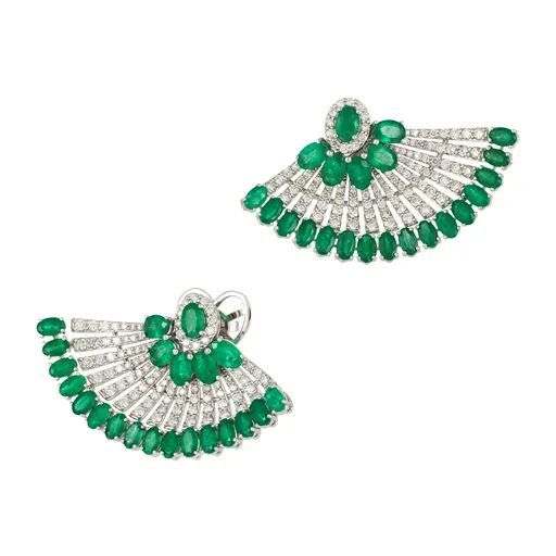 15.44ct Diamond Emerald 18K Gold Fanned Earrings