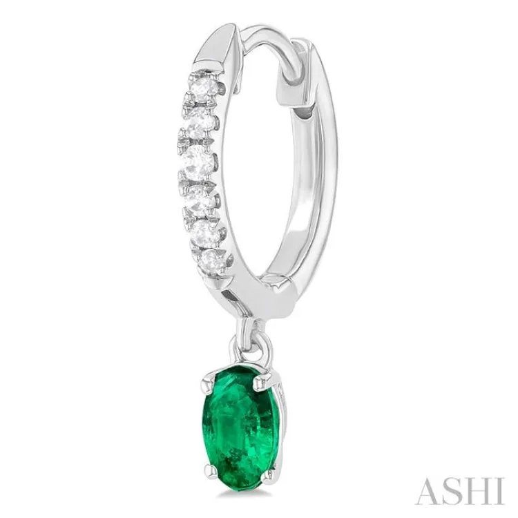 1/8 ctw Petite 5X3MM Oval Cut Emerald and Round Cut Diamond Precious Fashion Huggies in 10K White Gold