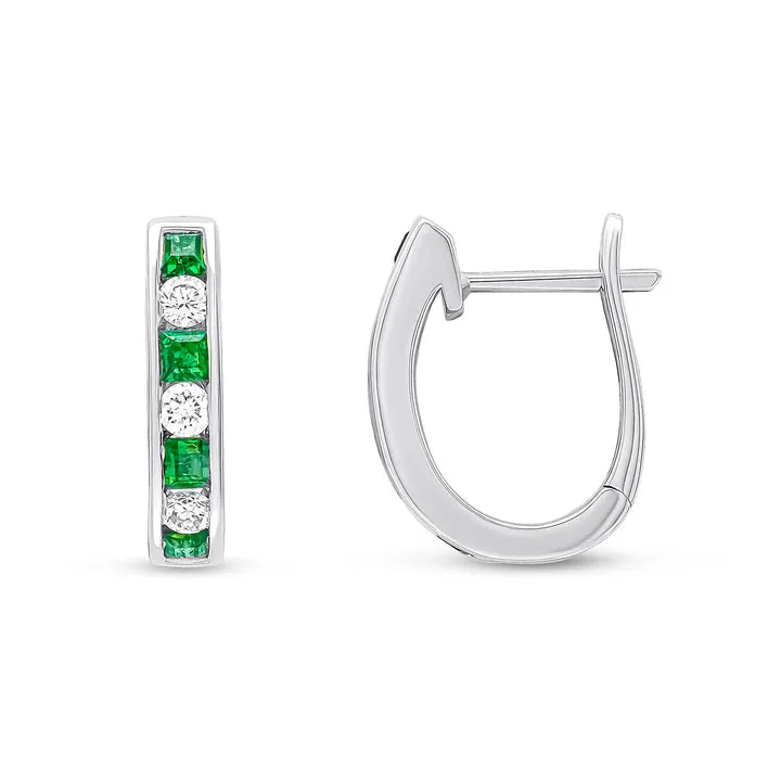 18ct white gold 4 square Emerald and 3 brilliant cut diamond channel set hoop earrings