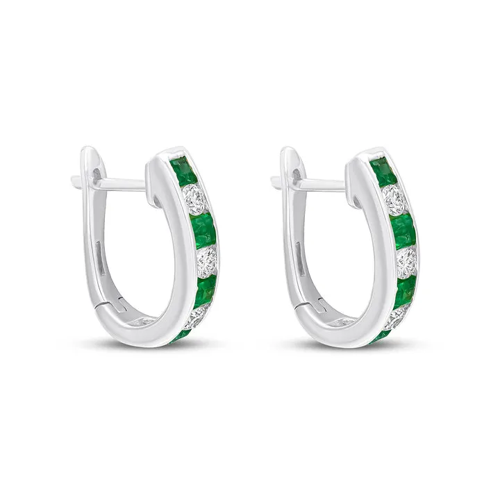 18ct white gold 4 square Emerald and 3 brilliant cut diamond channel set hoop earrings