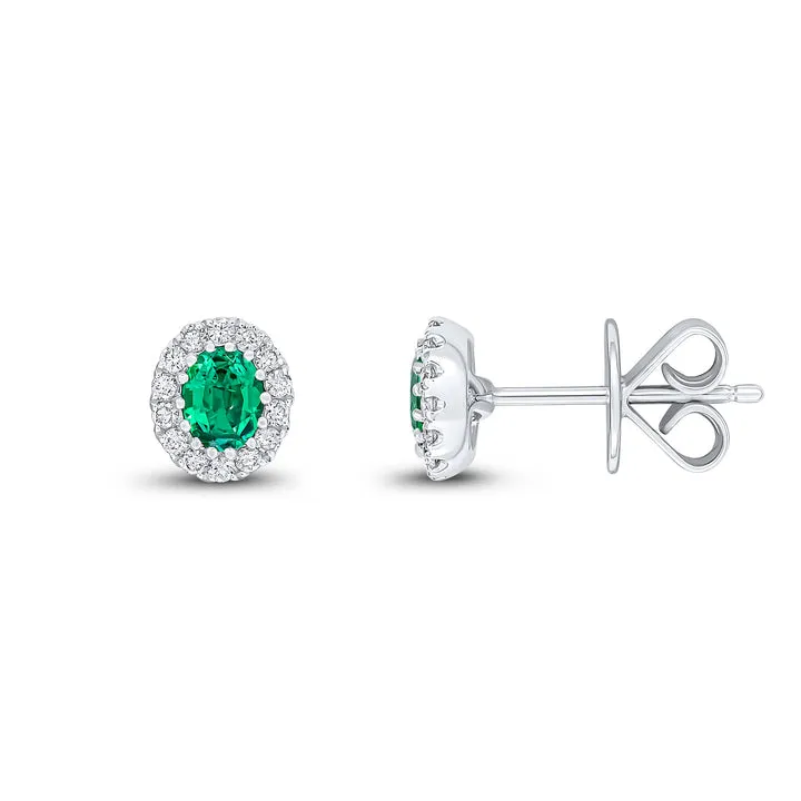 18ct white gold oval emerald and brilliant cut claw set stud earrings