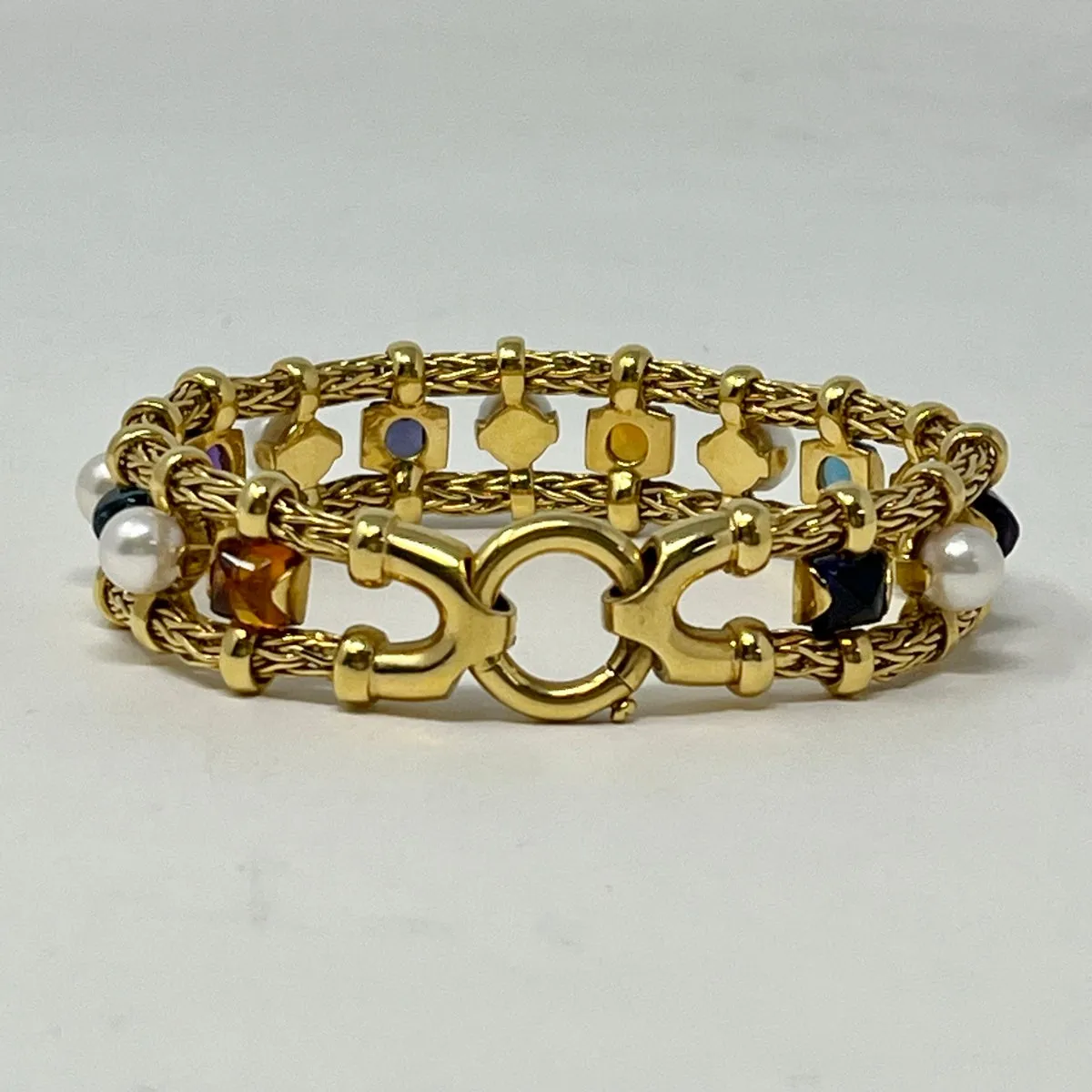 18K Gold Bracelet with Cultured Pearls, Topaz, Amethyst and Iolite