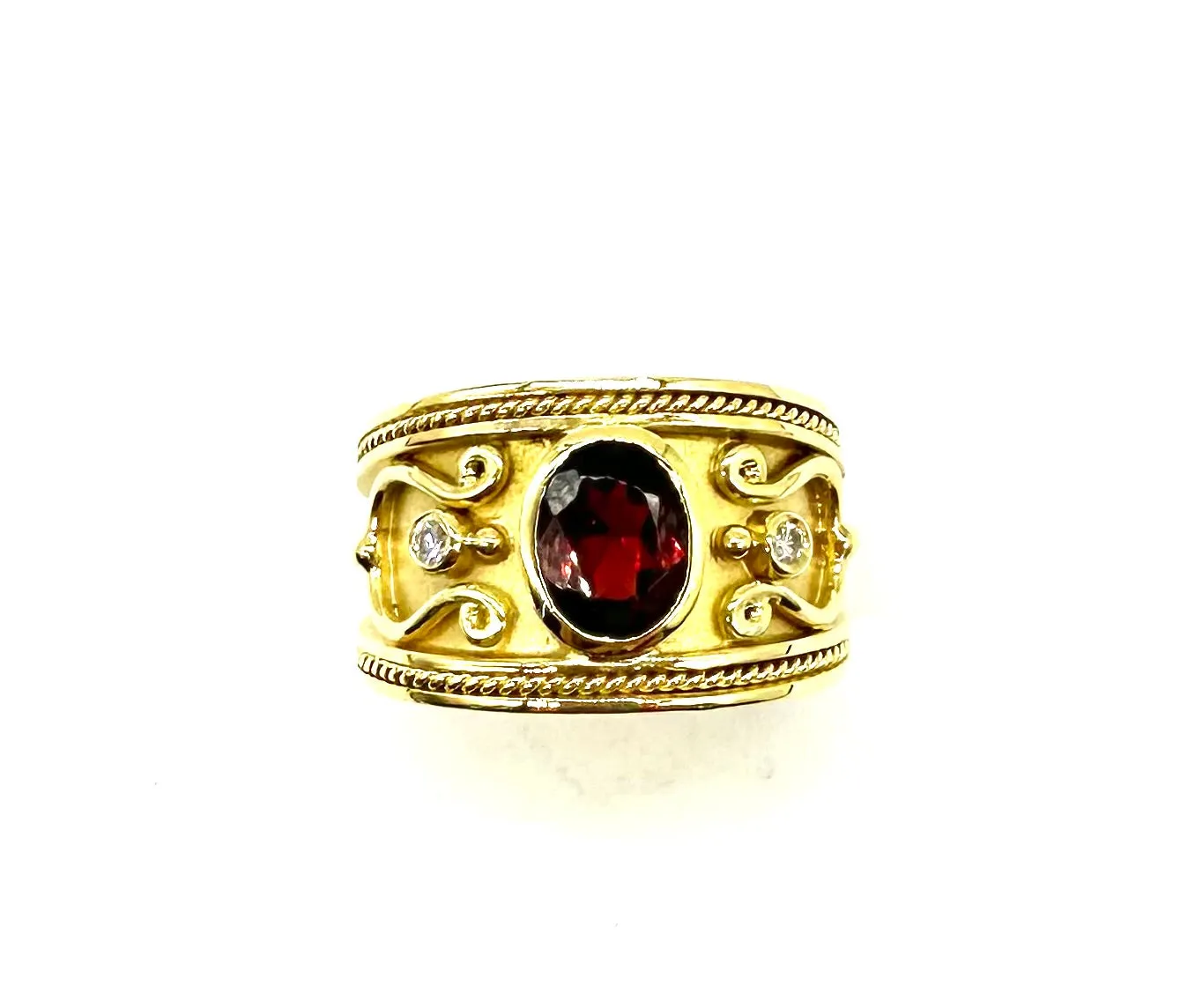 18K Gold Oval Garnet & Diamond Accent Band