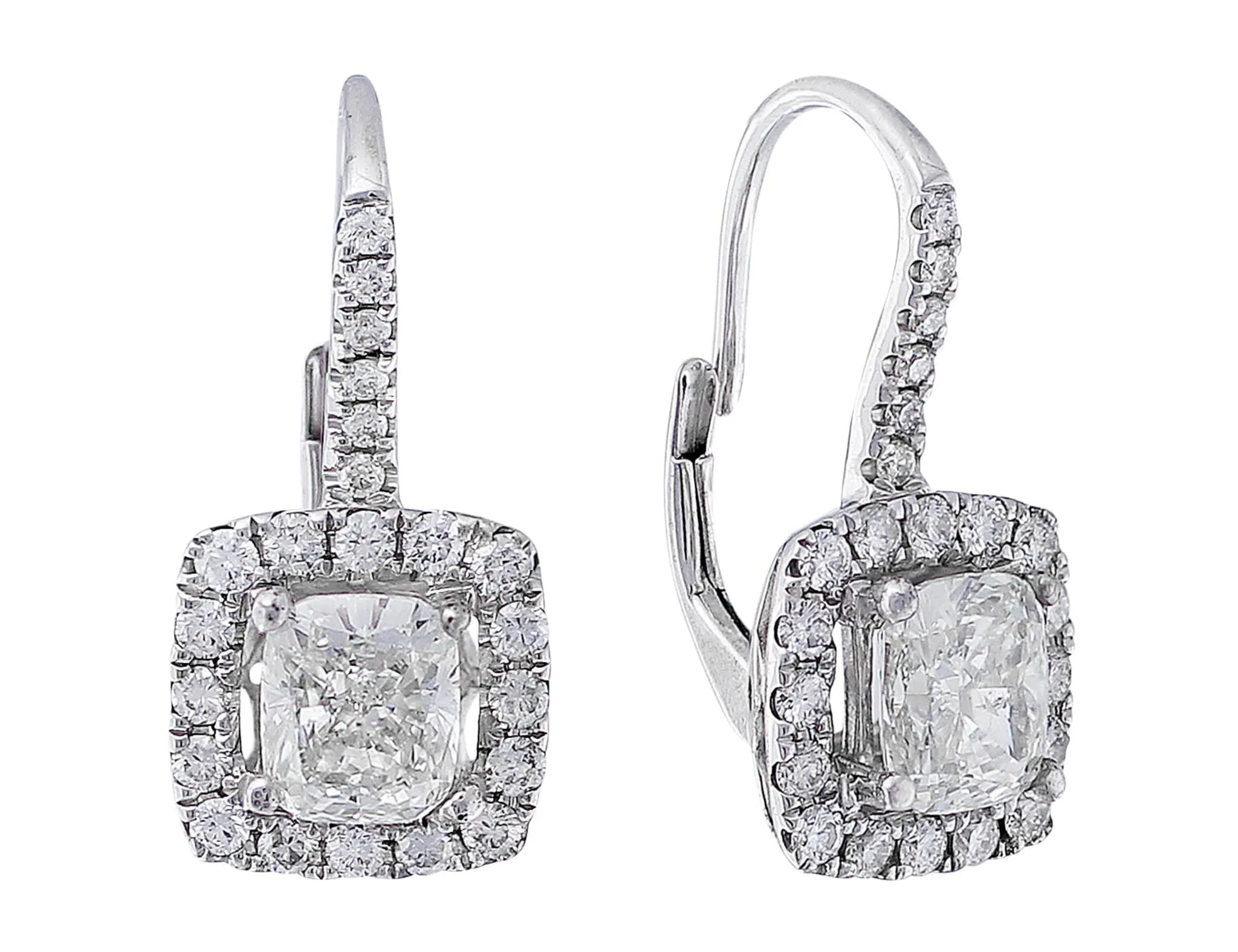 18k White Gold Cushion Cut Diamond Drop Earrings