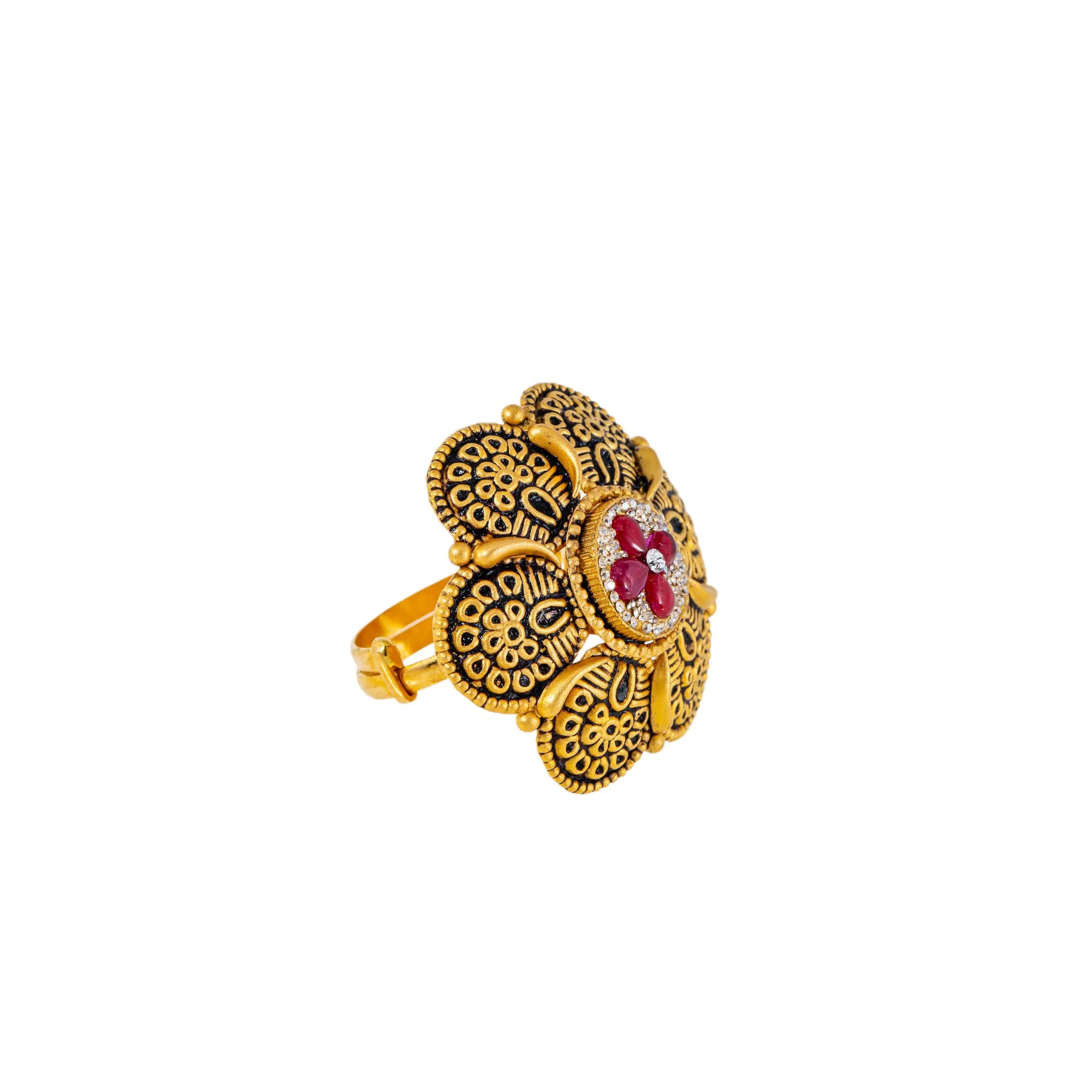 22K Antique Gold, CZ & Ruby Cocktail Ring (7gm)