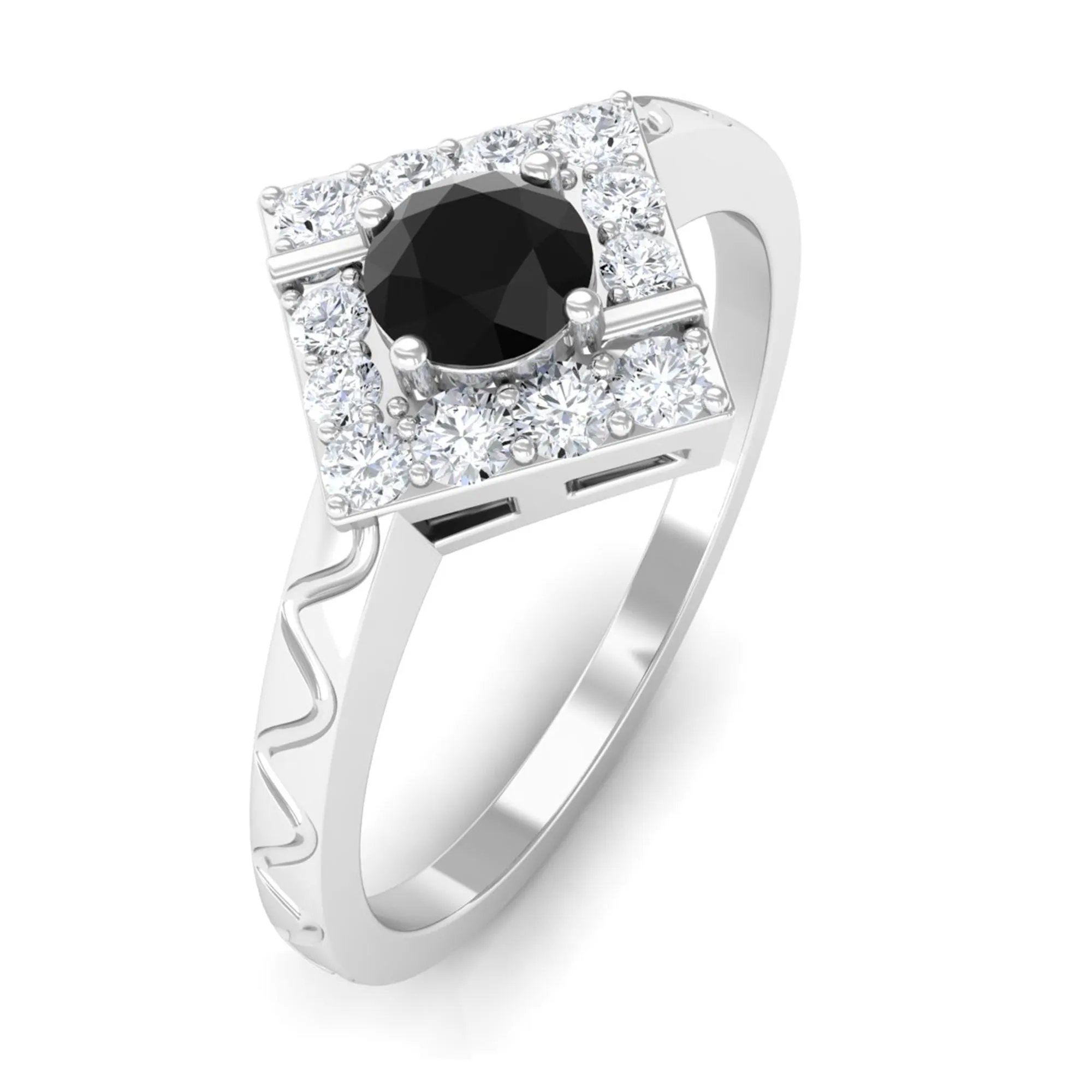 3/4 CT Black Spinel and Diamond Textured Ring