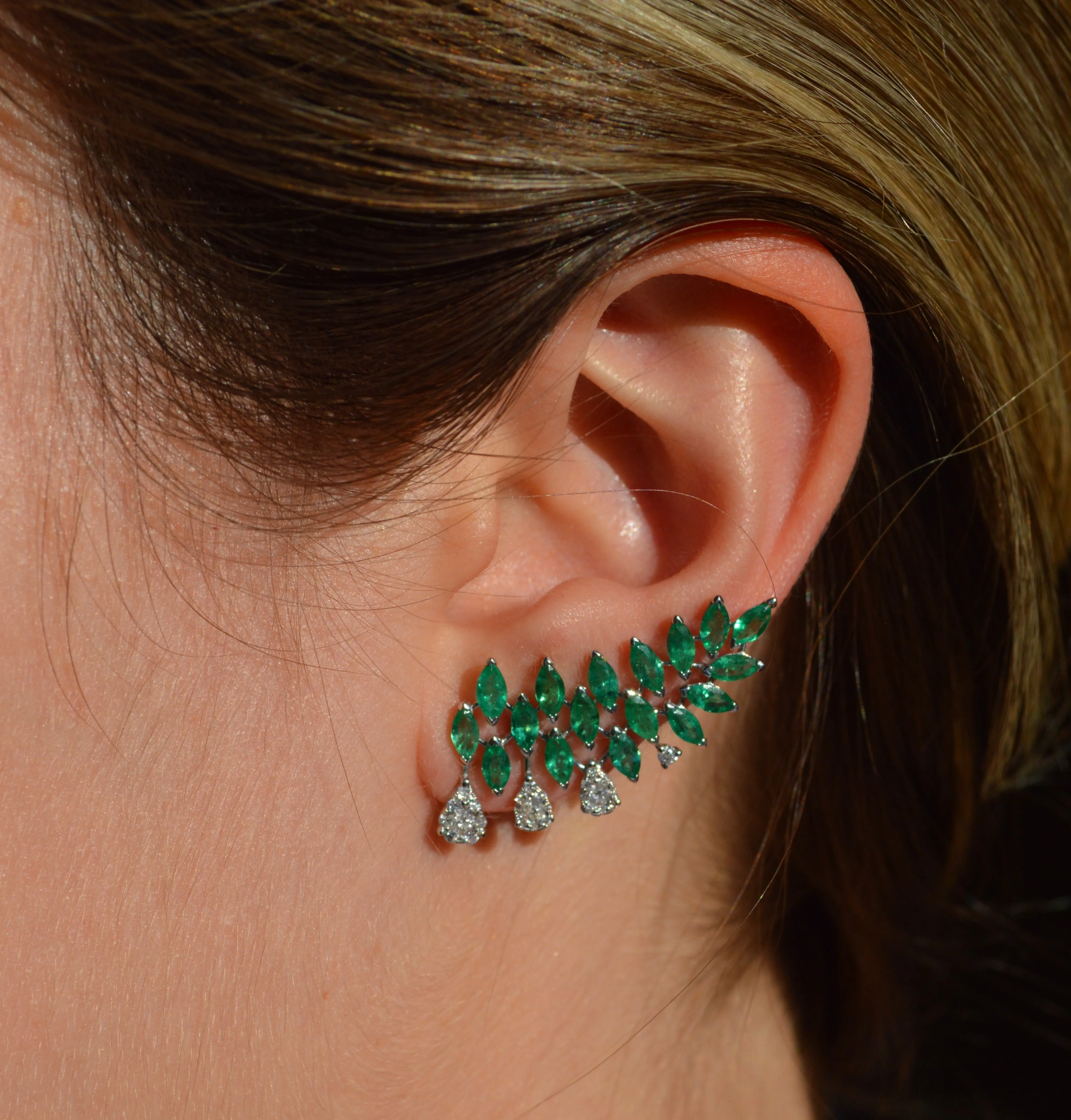 4.56ct Emerald & Diamond 18K Gold Ear Climber Earrings