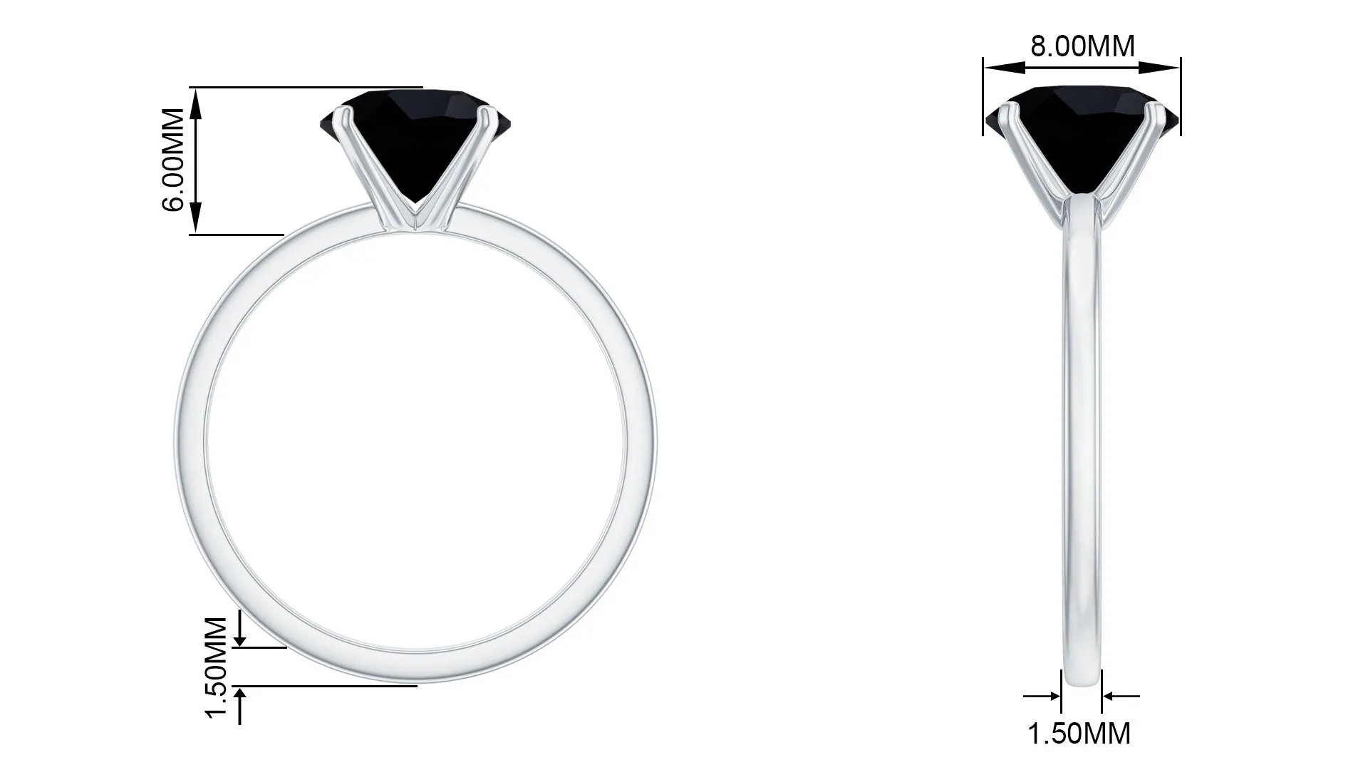 8 MM Black Spinel Solitaire Engagement Ring for Ladies