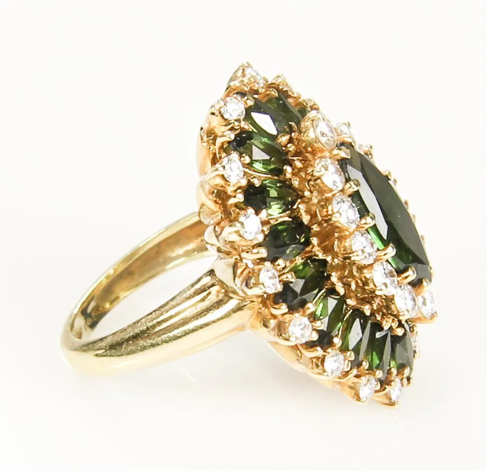 9.73CT HUGE VINTAGE ESTATE RETRO GREEN TOURMALINE DIAMOND CLUSTER BALLERINA RING