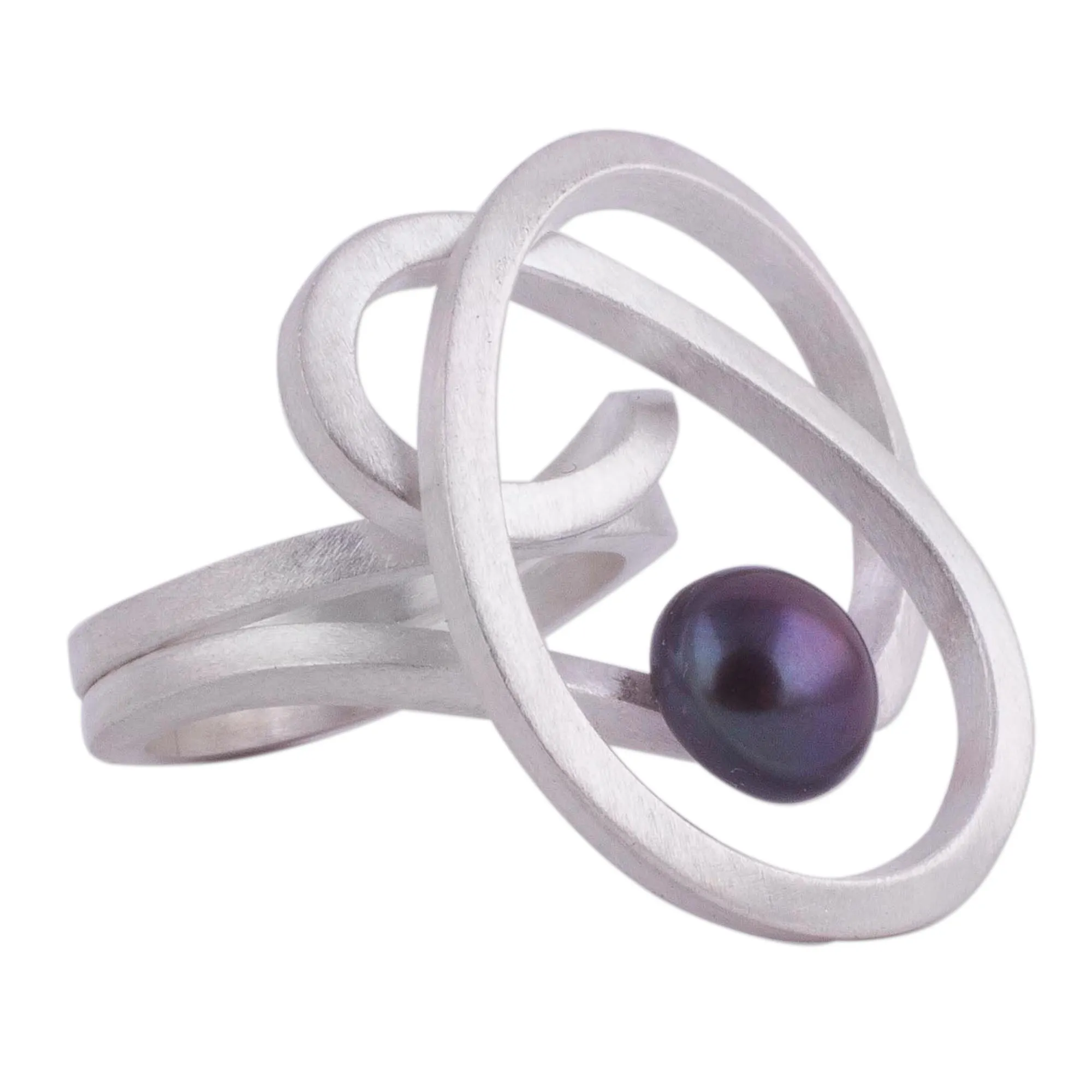 Abstract Style Sterling Silver Grey Pearl Cocktail Ring - Dark Amazon Nest | NOVICA