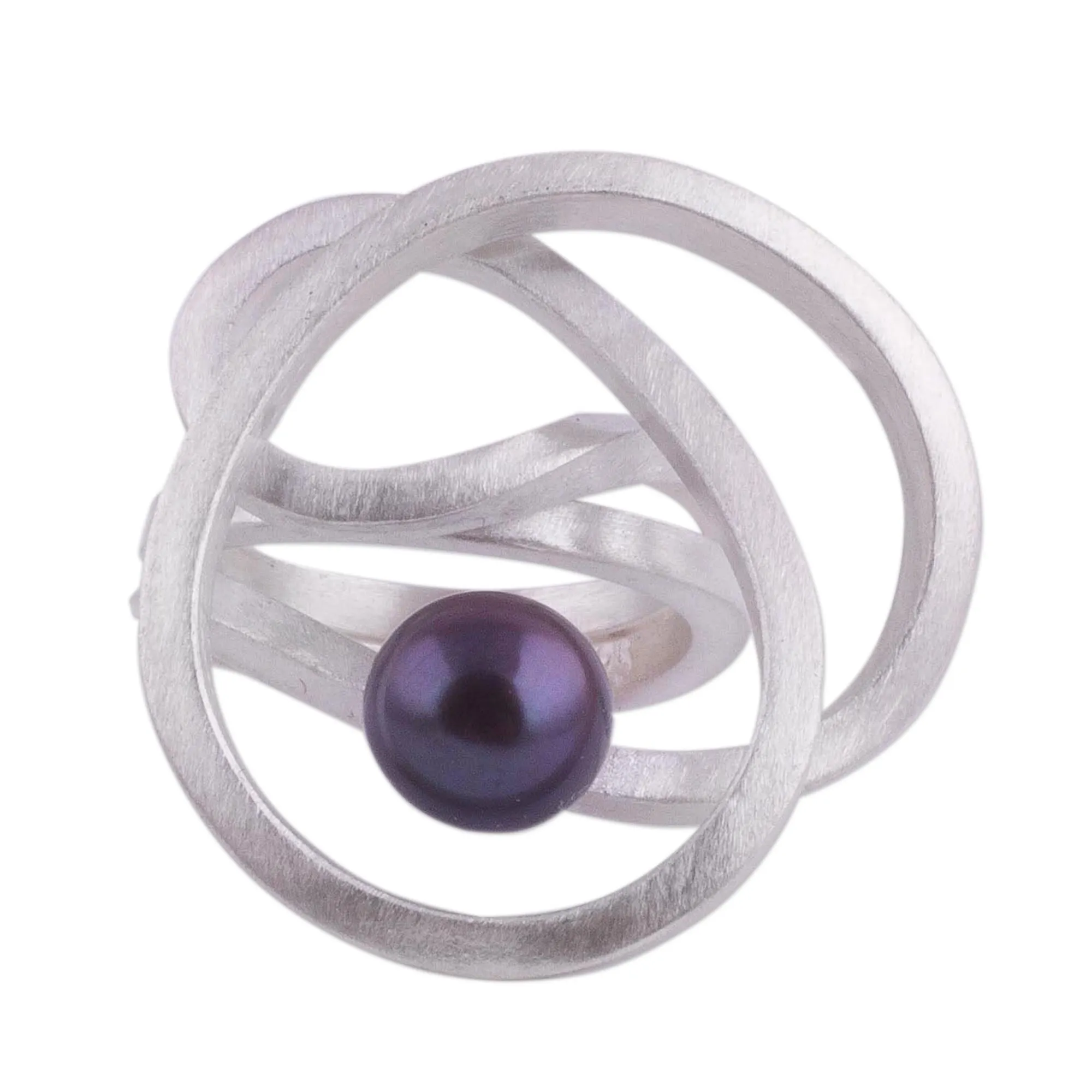 Abstract Style Sterling Silver Grey Pearl Cocktail Ring - Dark Amazon Nest | NOVICA