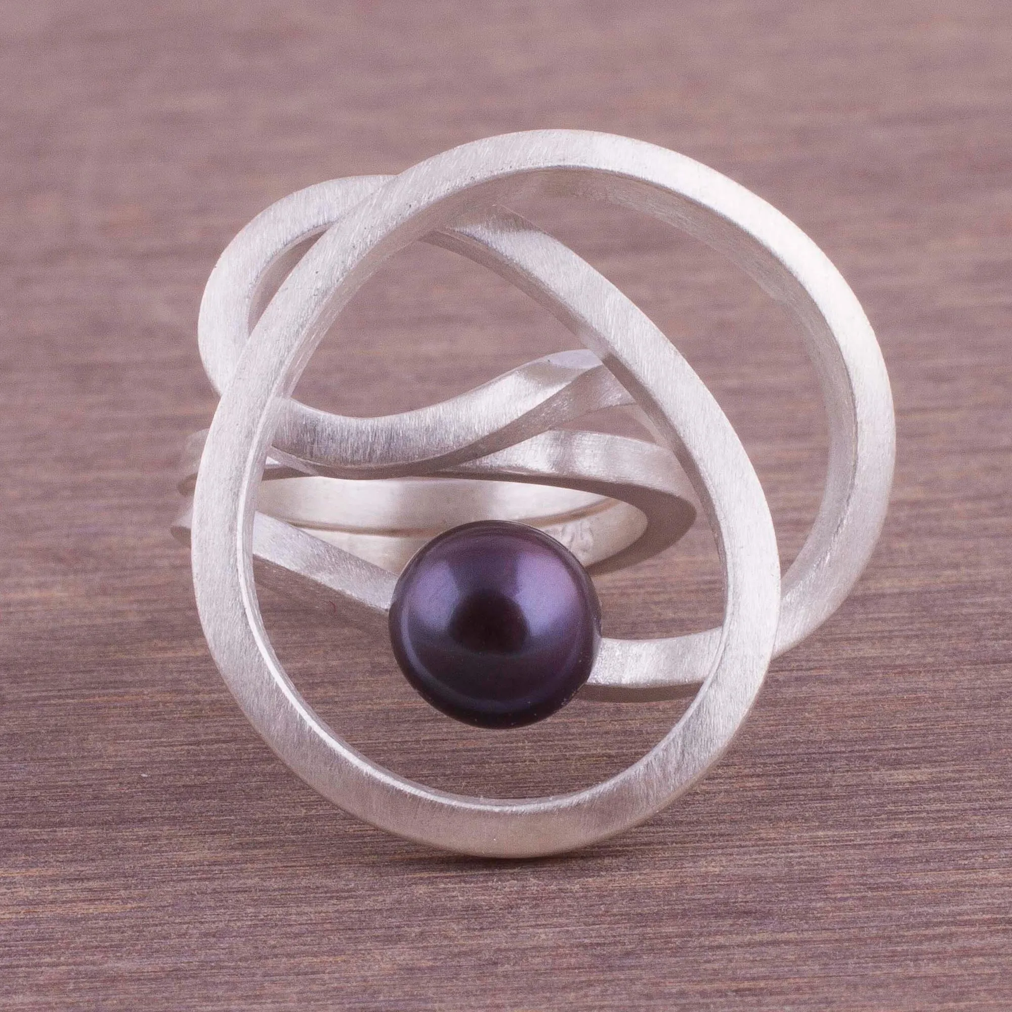 Abstract Style Sterling Silver Grey Pearl Cocktail Ring - Dark Amazon Nest | NOVICA